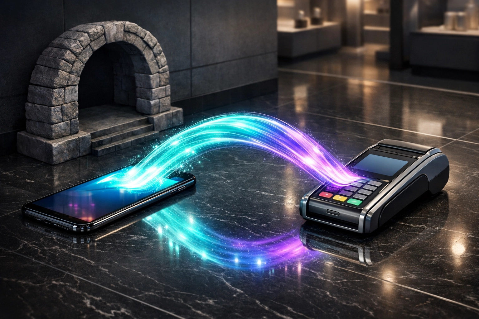 Digital light bridge illustrating Larecoin self-custody Web3 payments and bank-free merchant operations.