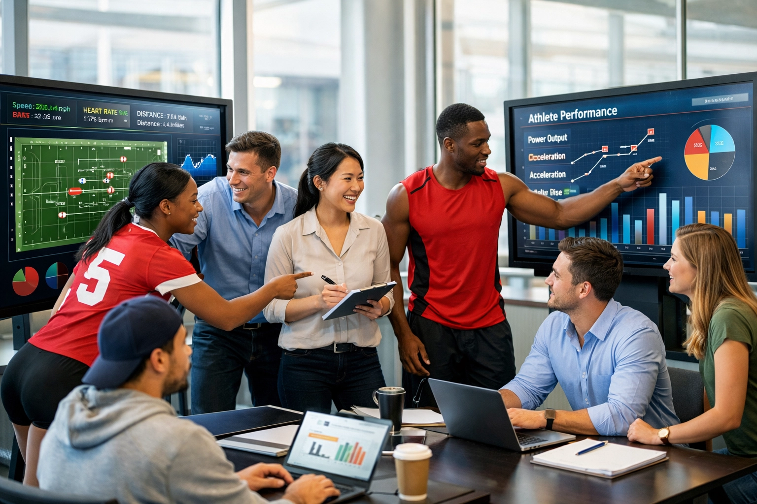 Student-athletes and professionals collaborating on sports analytics for Fortune 100 talent pipeline
