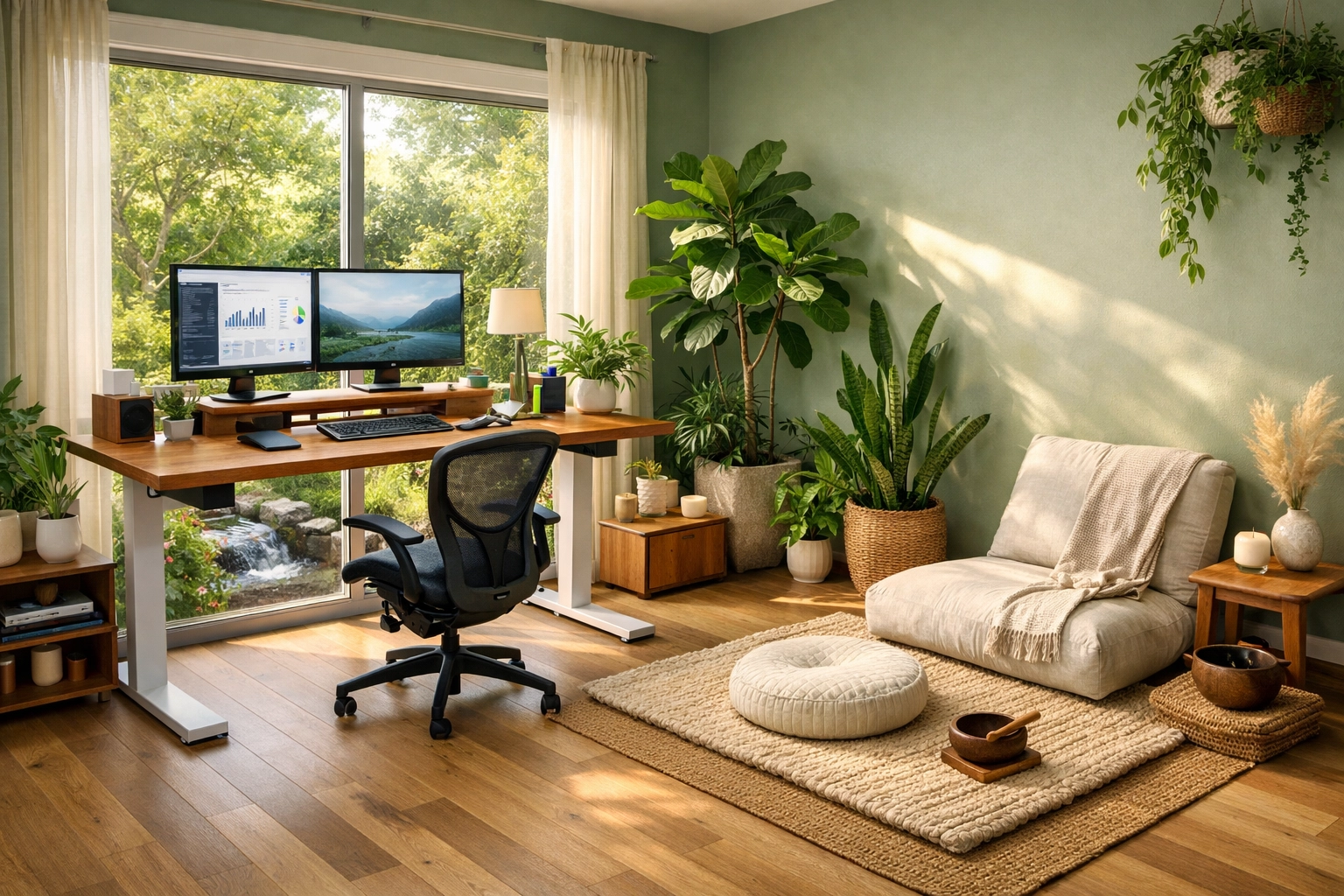 Modern wellness home office featuring an ergonomic desk, indoor plants, and a dedicated meditation recharge zone.