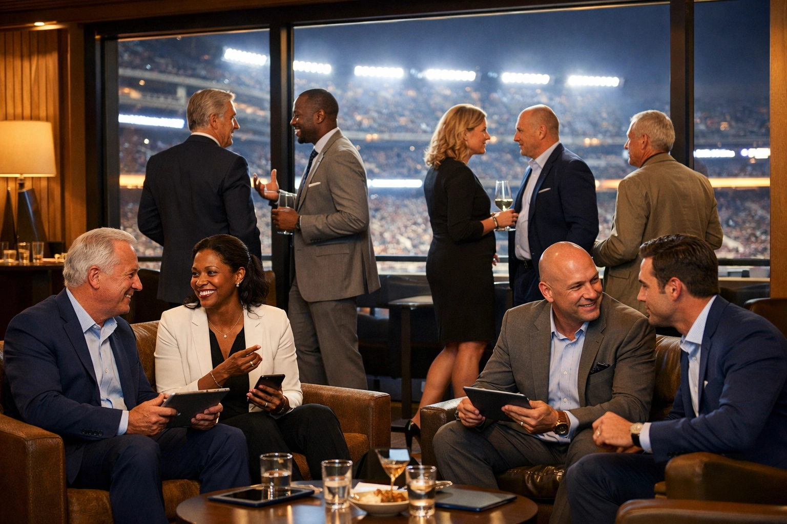 The Ultimate Guide to Executive Sports Event Hosting: Turn the Super Bowl Into Your Biggest Business Win Business executives networking in luxury suite during Super Bowl halftime break