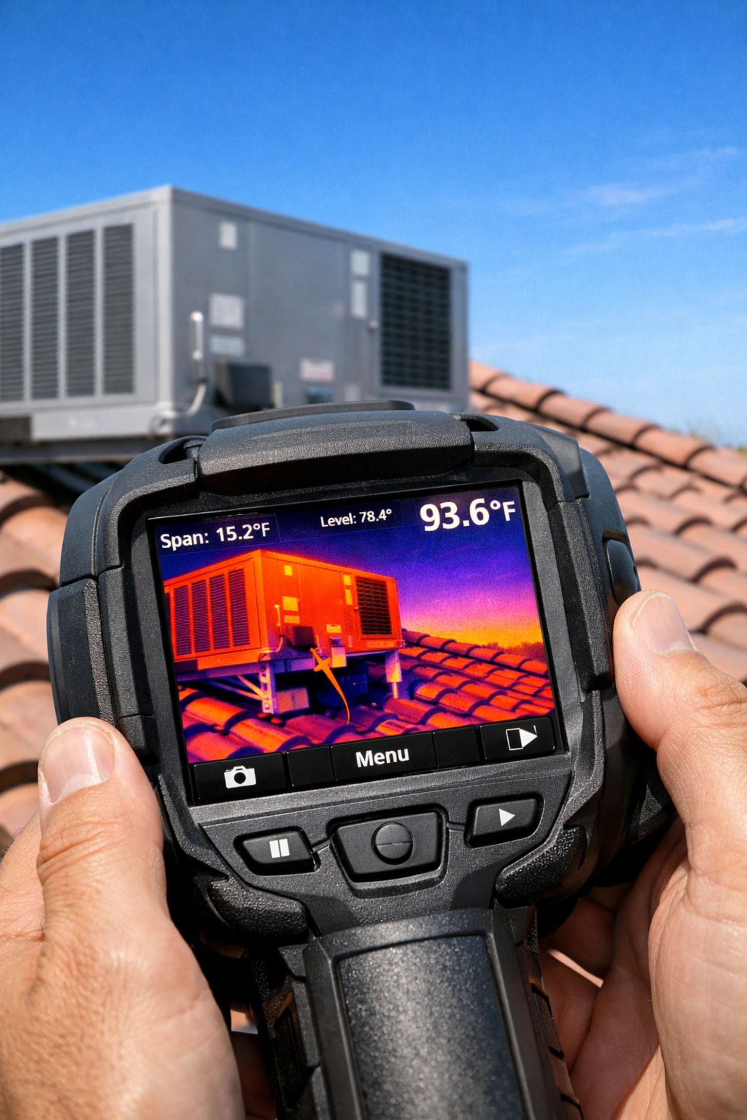 Professional home inspector using a thermal imaging camera on a Phoenix HVAC system and roof.