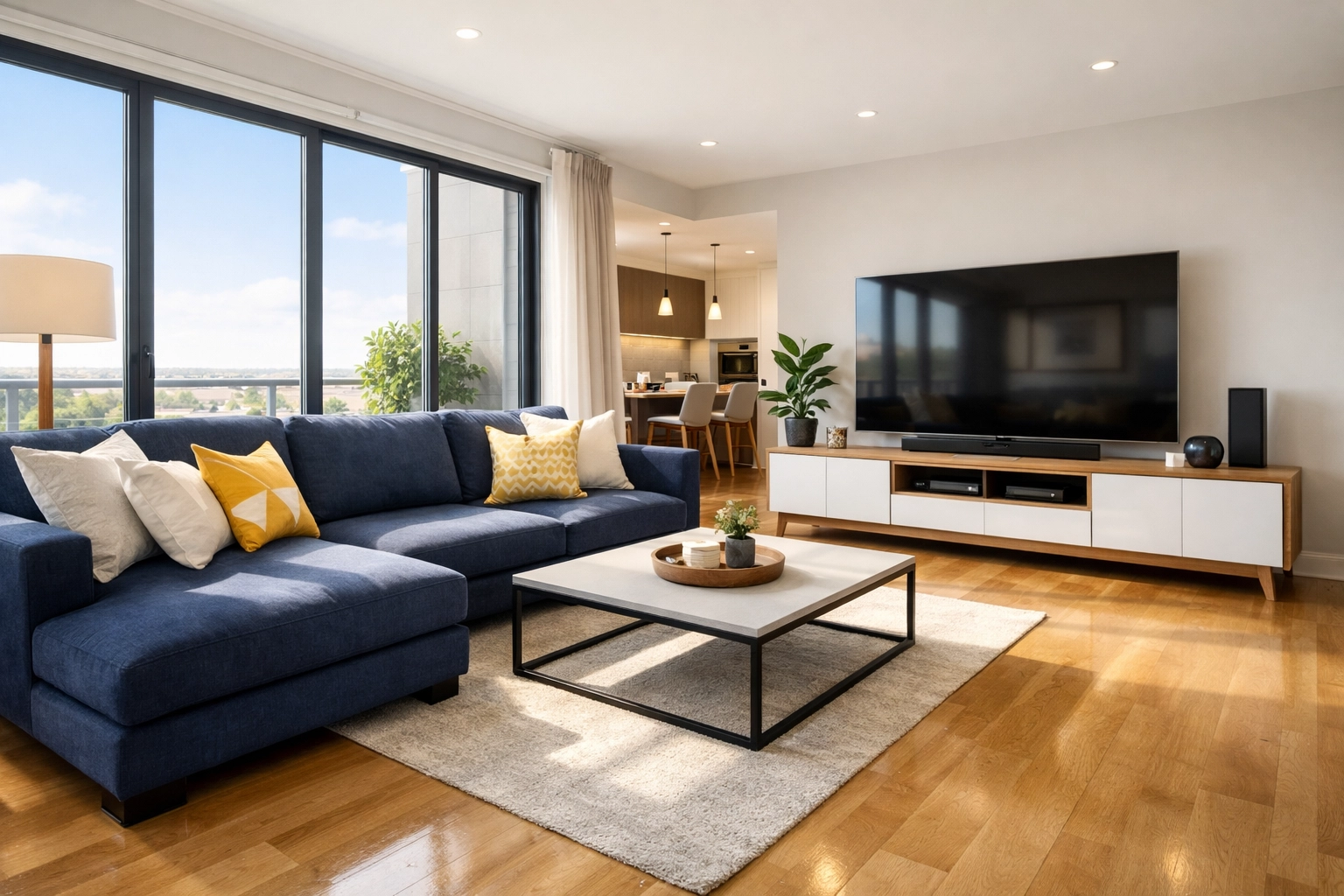 Sun-drenched living room with clean hardwood floors and a dust-free entertainment center in a Mansfield apartment.