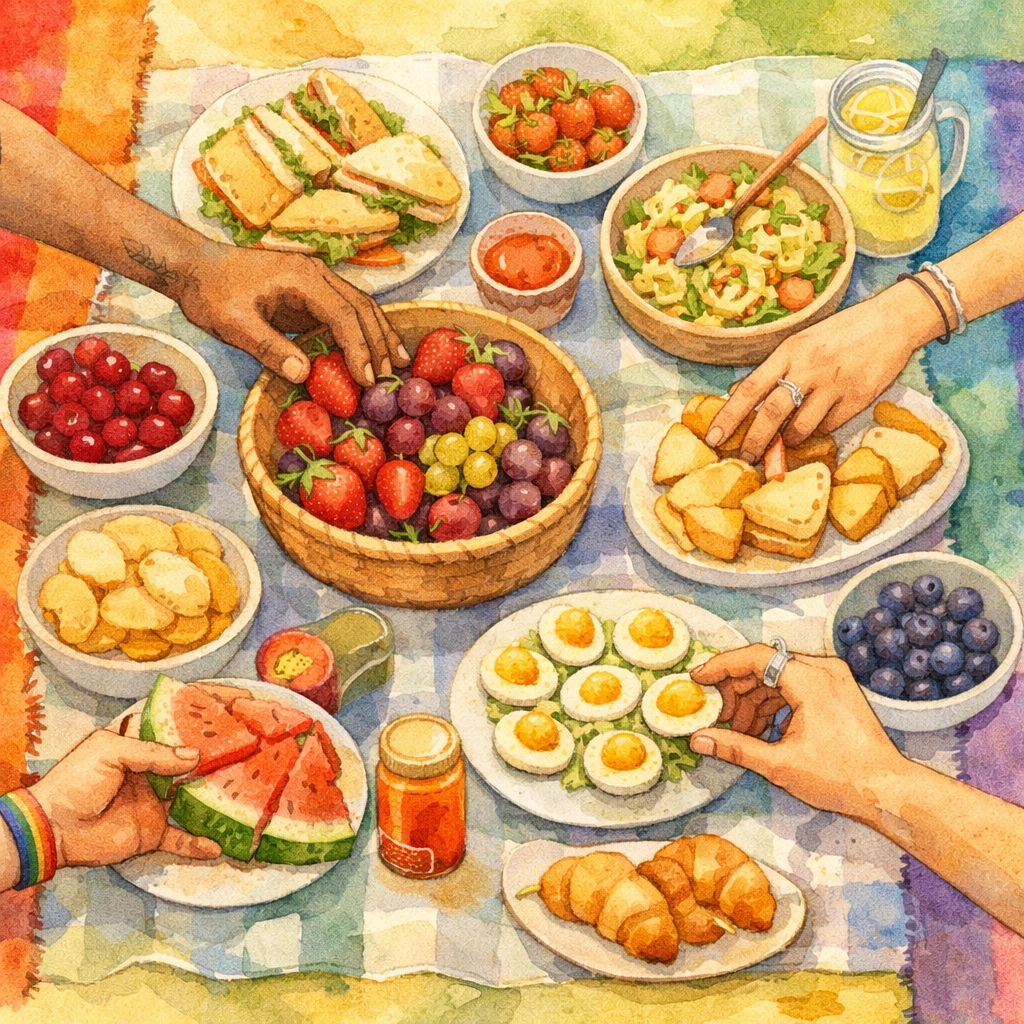 Hands reaching across picnic blanket sharing food on rainbow towels during clothing-optional gathering