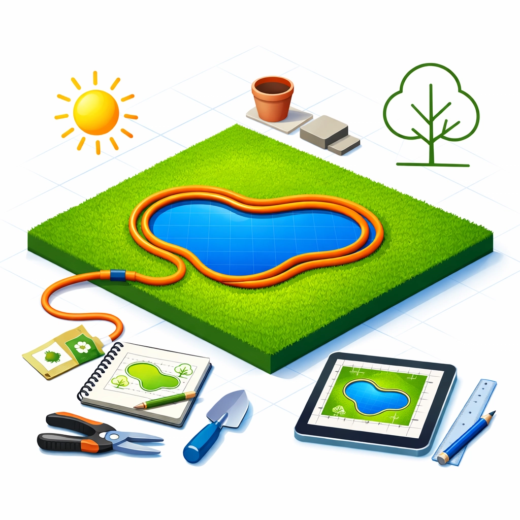 Garden pond design planning showing layout and sun positioning for a low-maintenance pond.