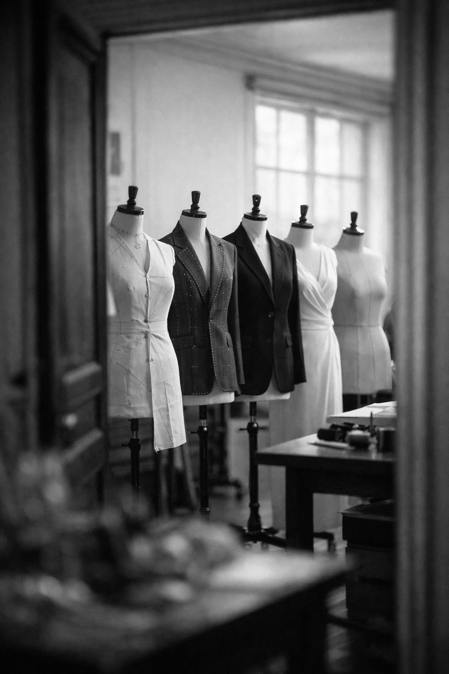 Fashion atelier showcasing garment production stages from design to completion