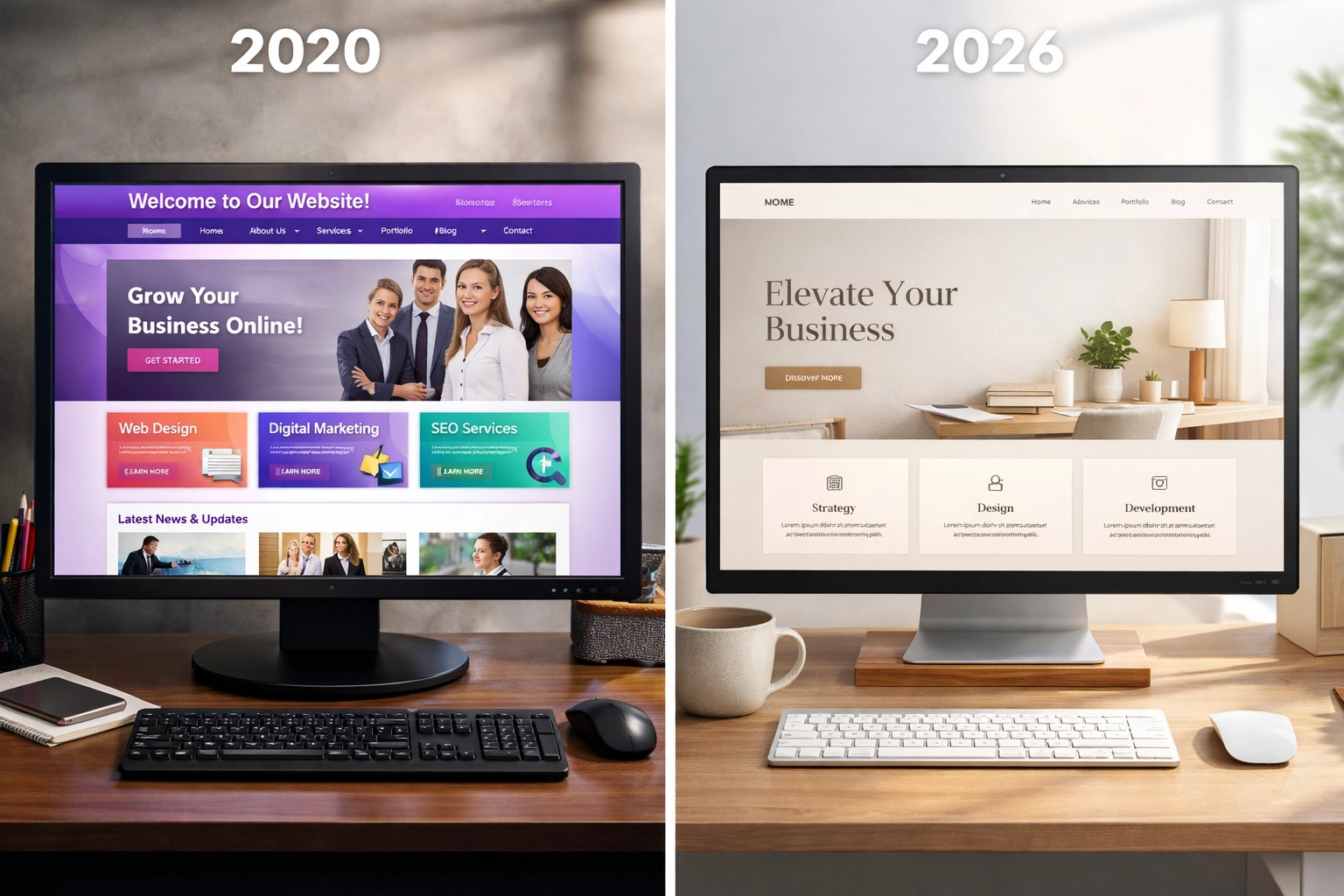 Side-by-side comparison of outdated website design versus modern 2026 web design trends