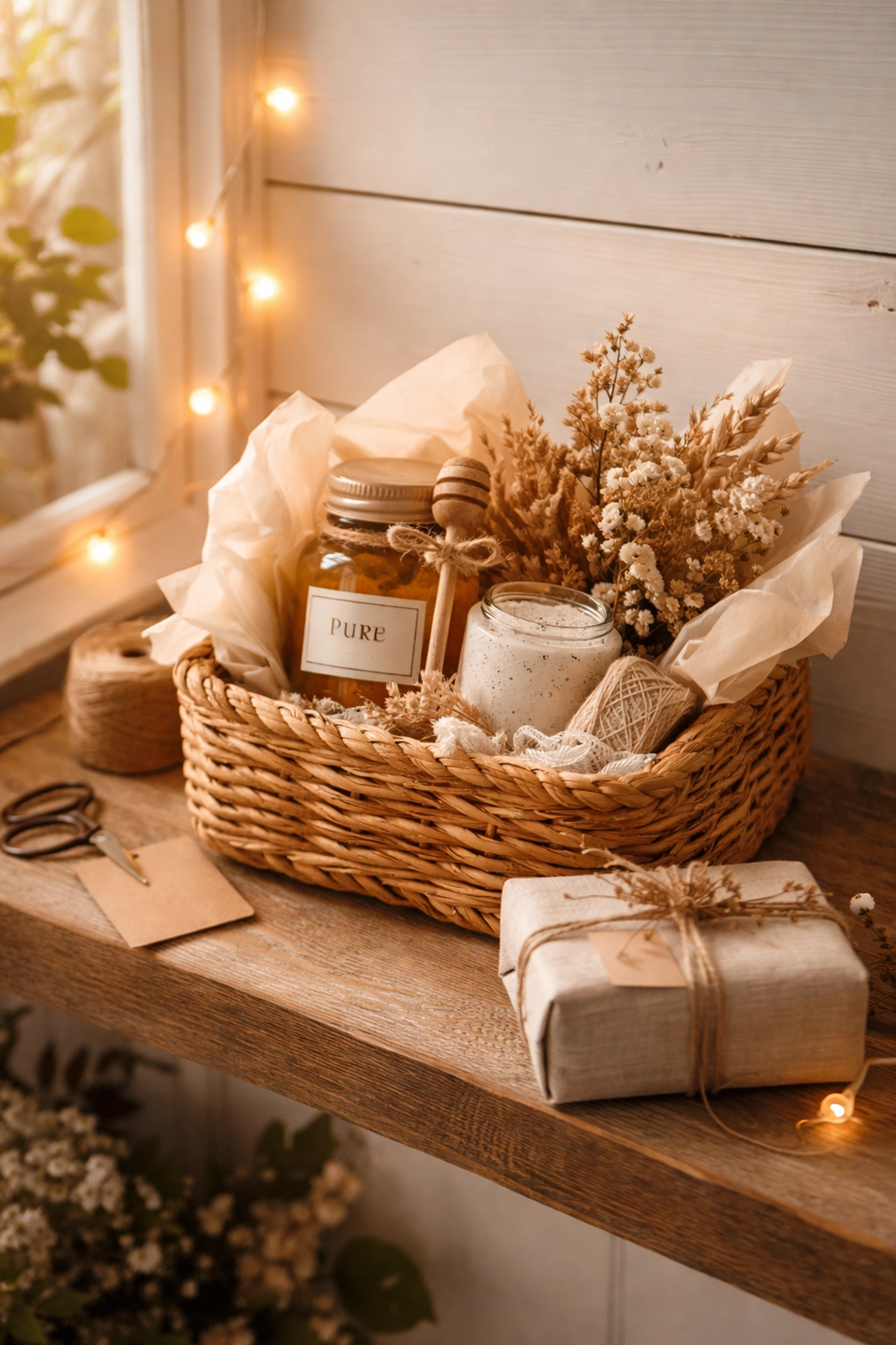 Woven basket gift arrangement with honey, dried flowers, and tissue, showing thoughtful handmade gift ideas.