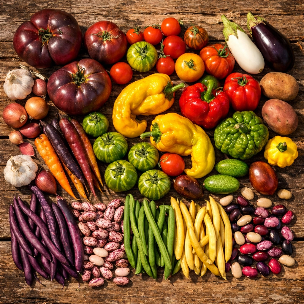 Diverse heirloom vegetables showing natural variety in colors, shapes, and sizes
