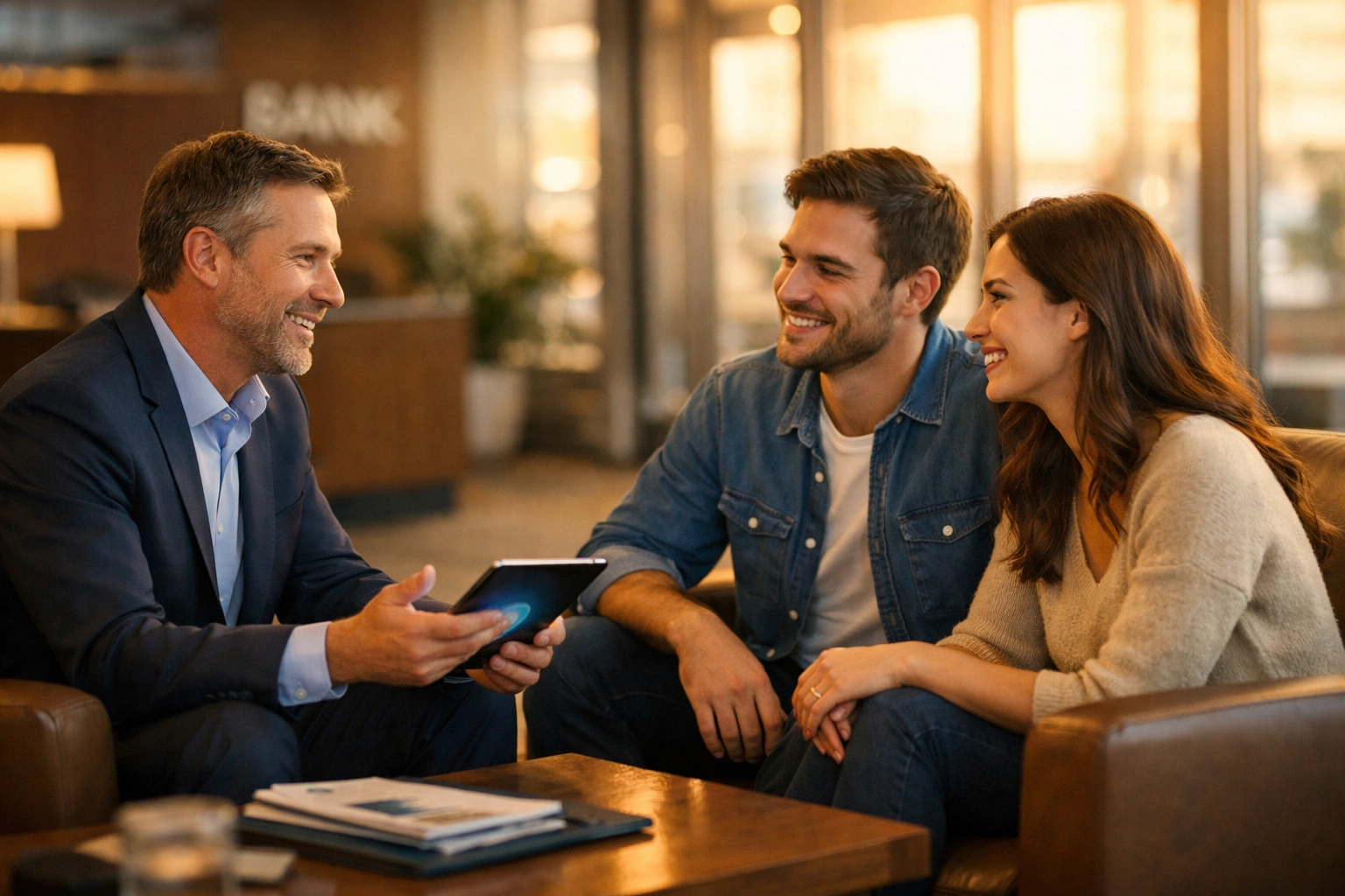 Financial advisor building customer trust in a bank branch, prioritizing connection over transactions.