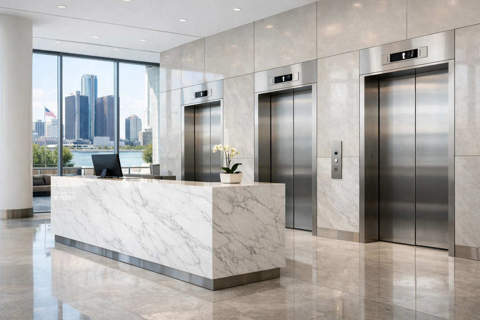 Pristine Detroit commercial building lobby featuring a clean marble reception area and elevator bank.