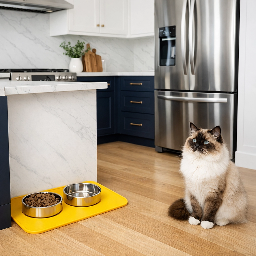 Modern Harvard kitchen with a clean pet feeding station and polished floors for a fur-free home.