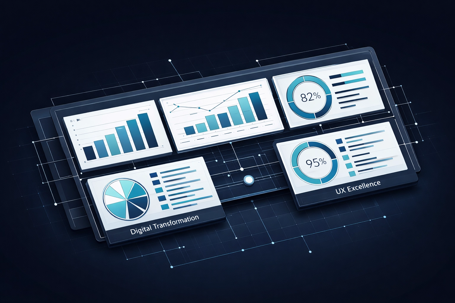 Professional digital transformation audit dashboard visualizing system performance and technical infrastructure.