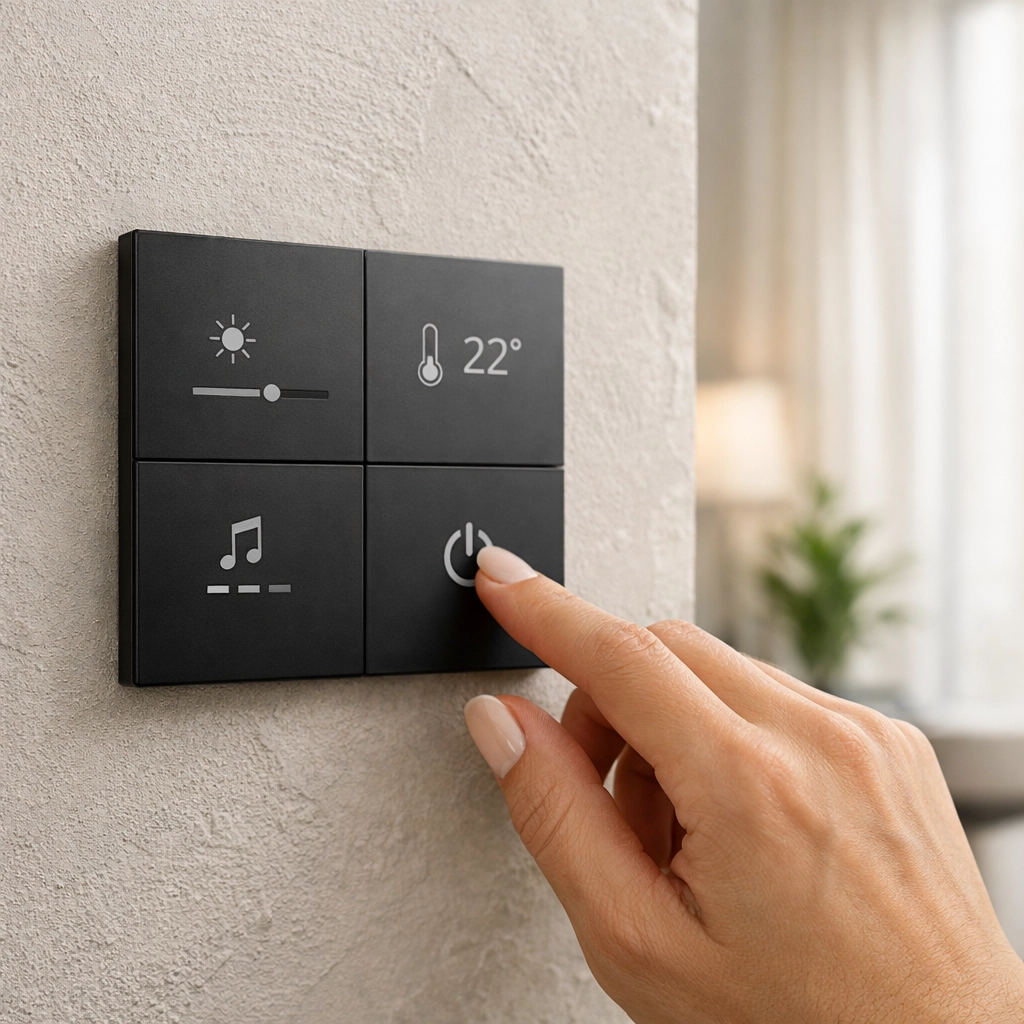 Guest adjusting a sleek smart room control panel in a modern luxury hotel suite.