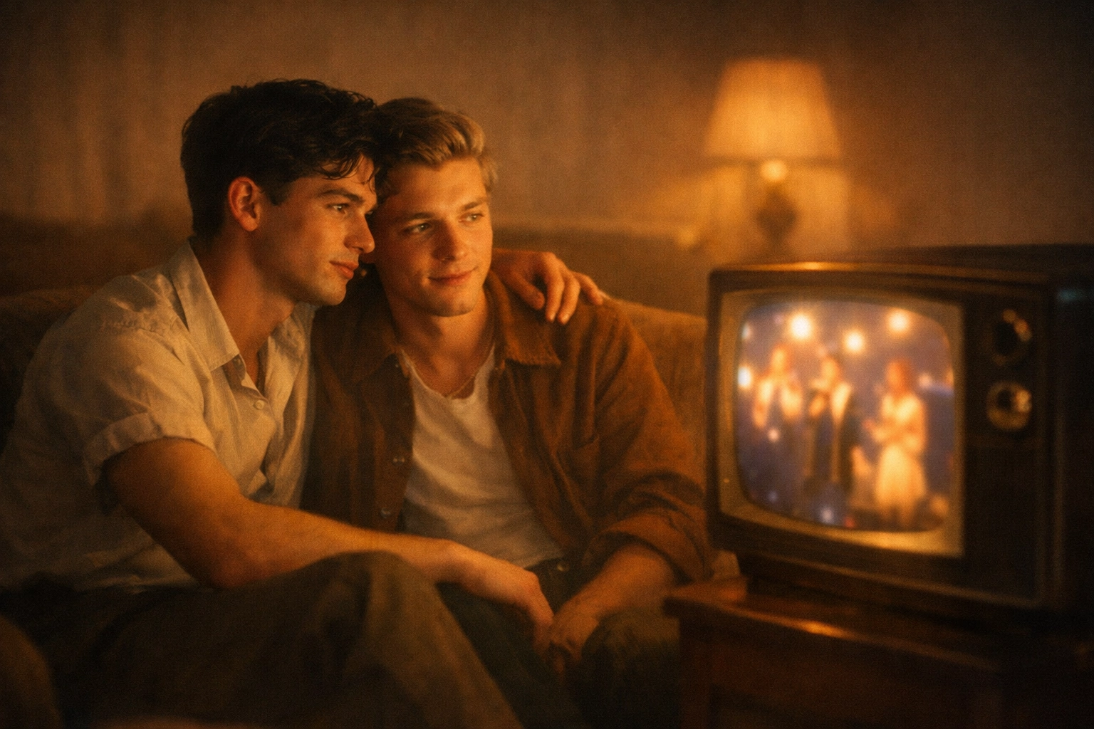Two gay men watching Eurovision together in 1950s, finding community and connection