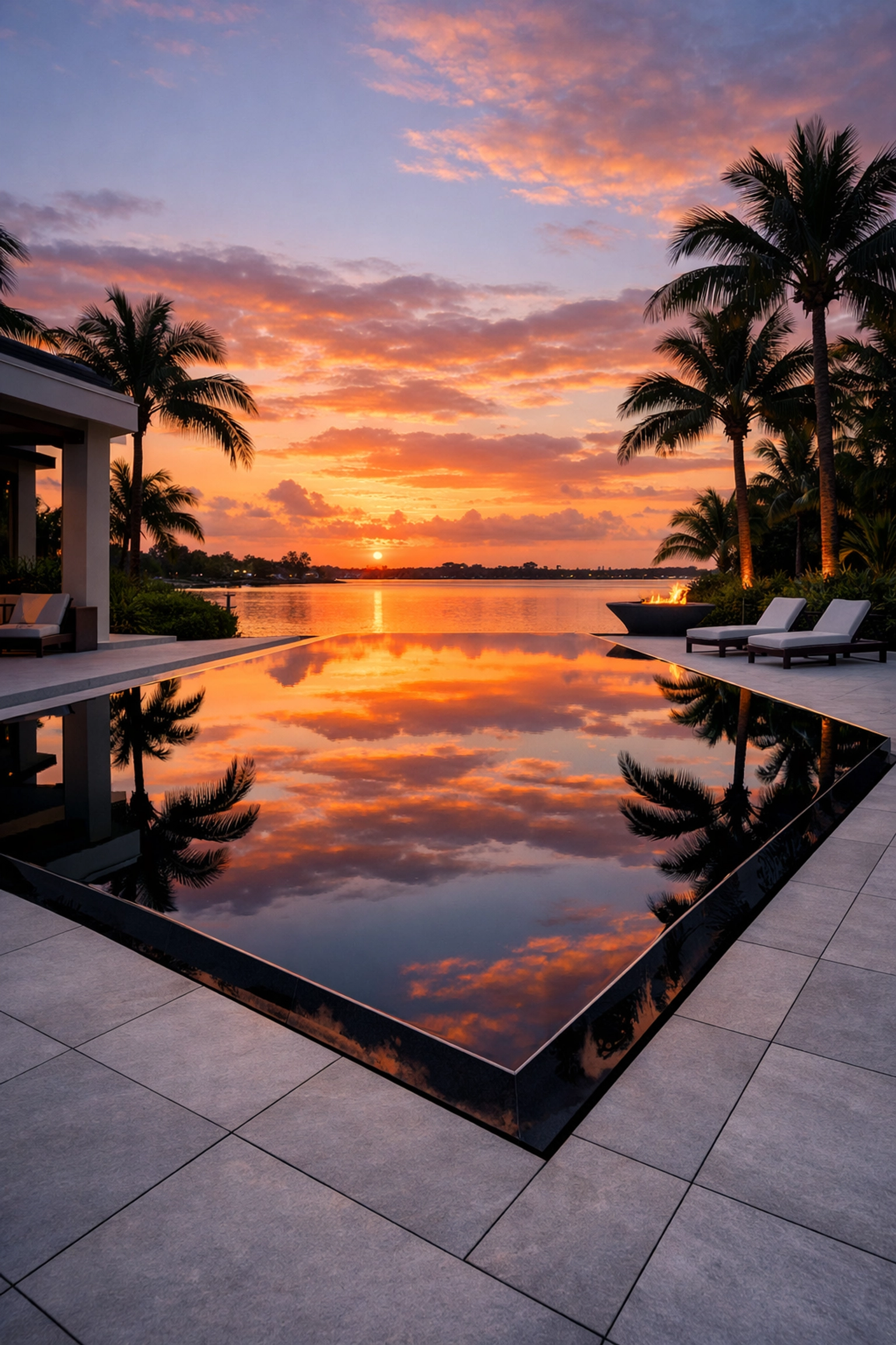 Luxury Palm Beach pool remodel featuring a modern obsidian interior finish and a knife-edge perimeter overflow.