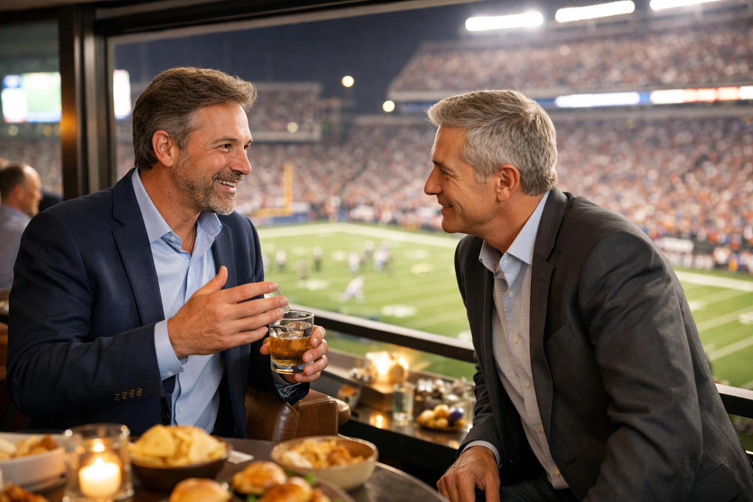 NEWSLETTER: 7 Mistakes You're Making with Super Bowl Executive Networking (And How to Fix Them Before Game Day) Executives networking in luxury Super Bowl suite during game with stadium view