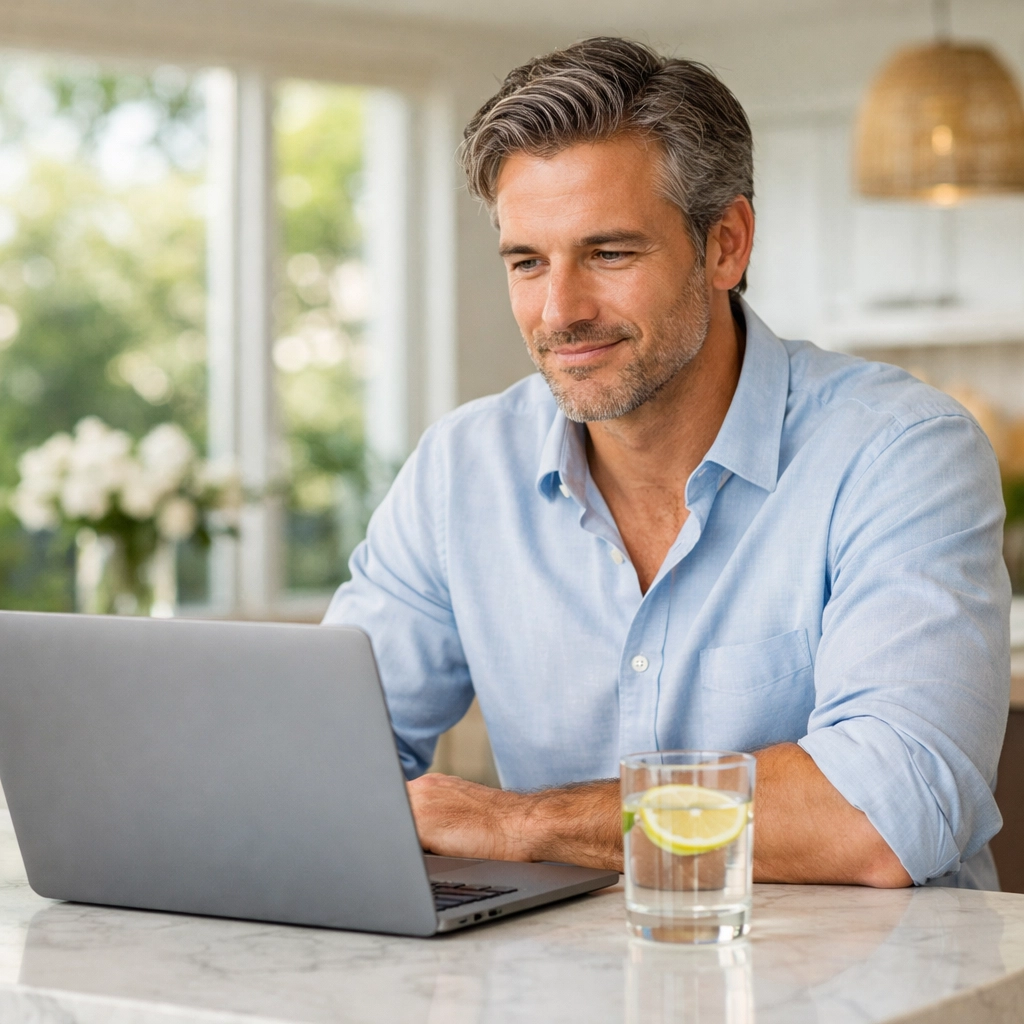 A patient participating in a convenient online medical weight loss consultation with a doctor via laptop.