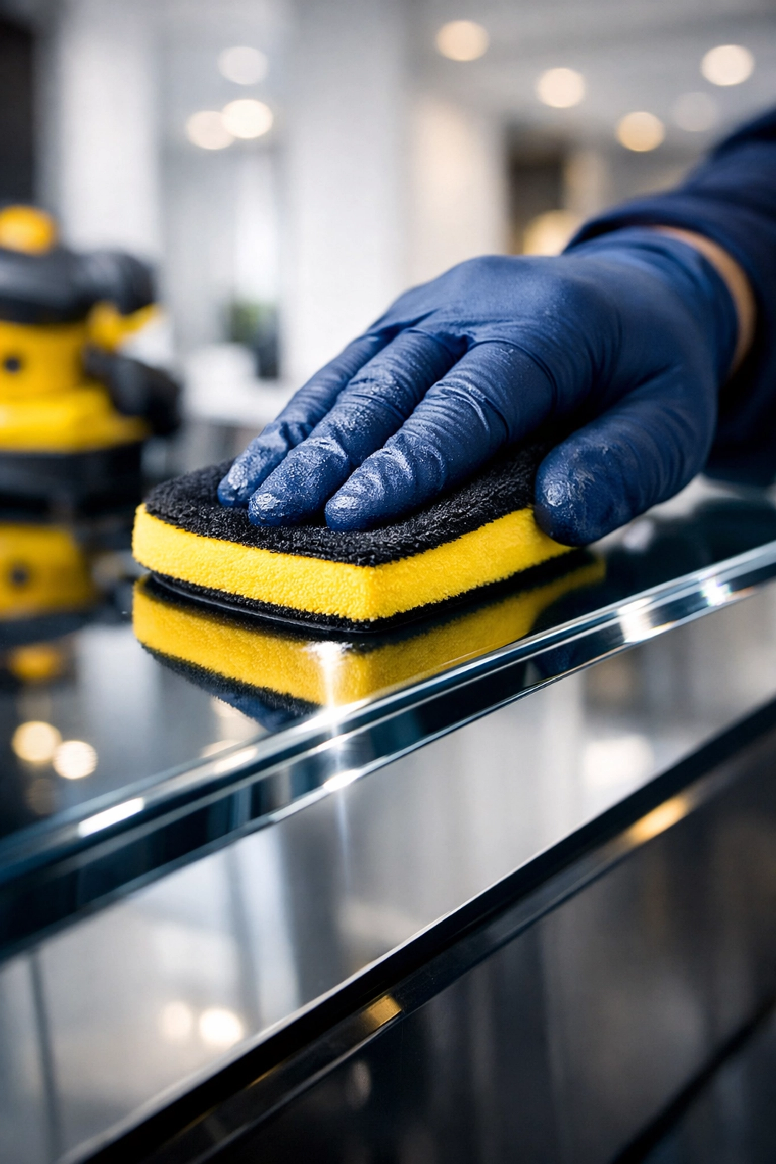 Professional commercial cleaning in Truro showing a gloved hand polishing a glass surface to a streak-free shine.