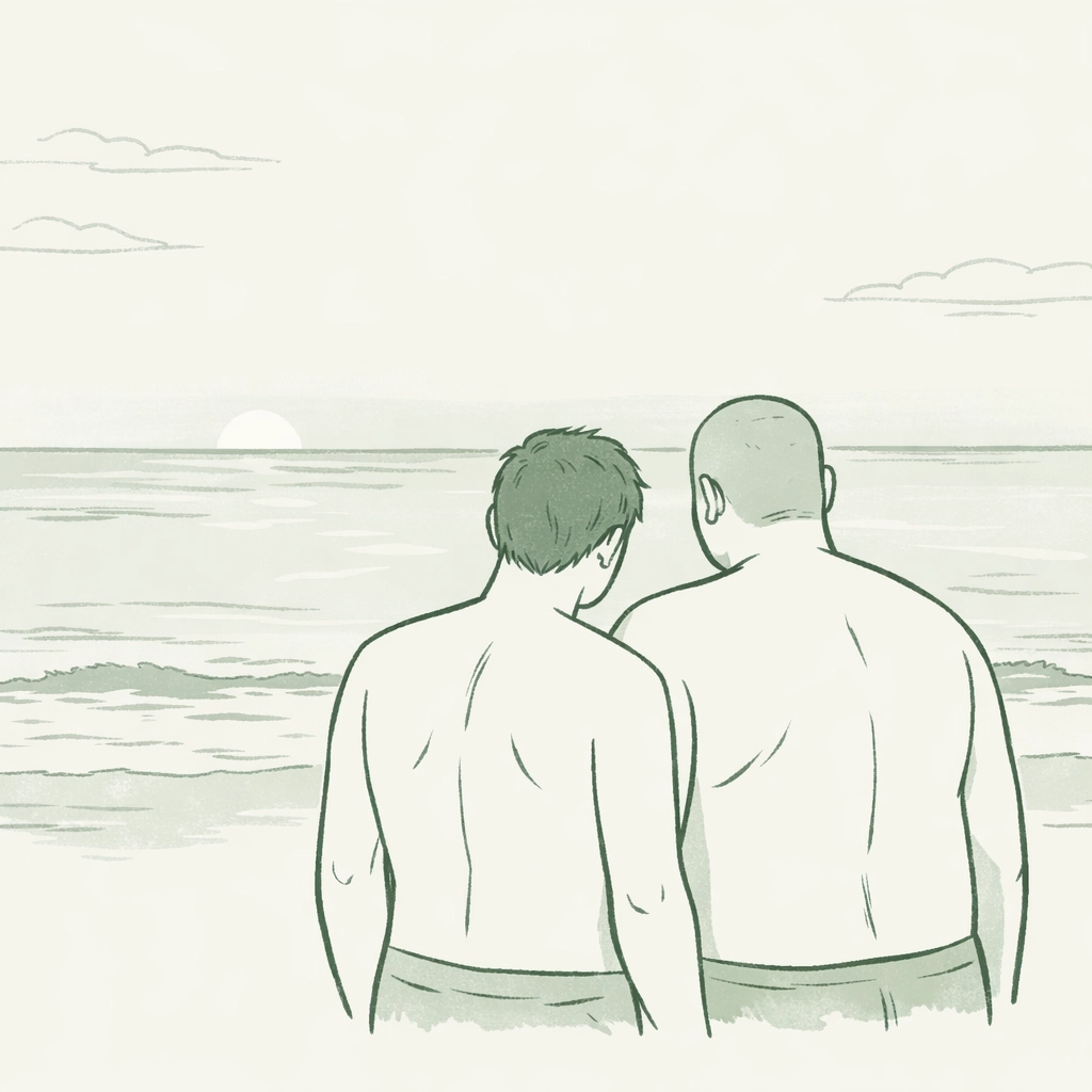 Two men standing together on beach at dawn showing vulnerability in MM nudism