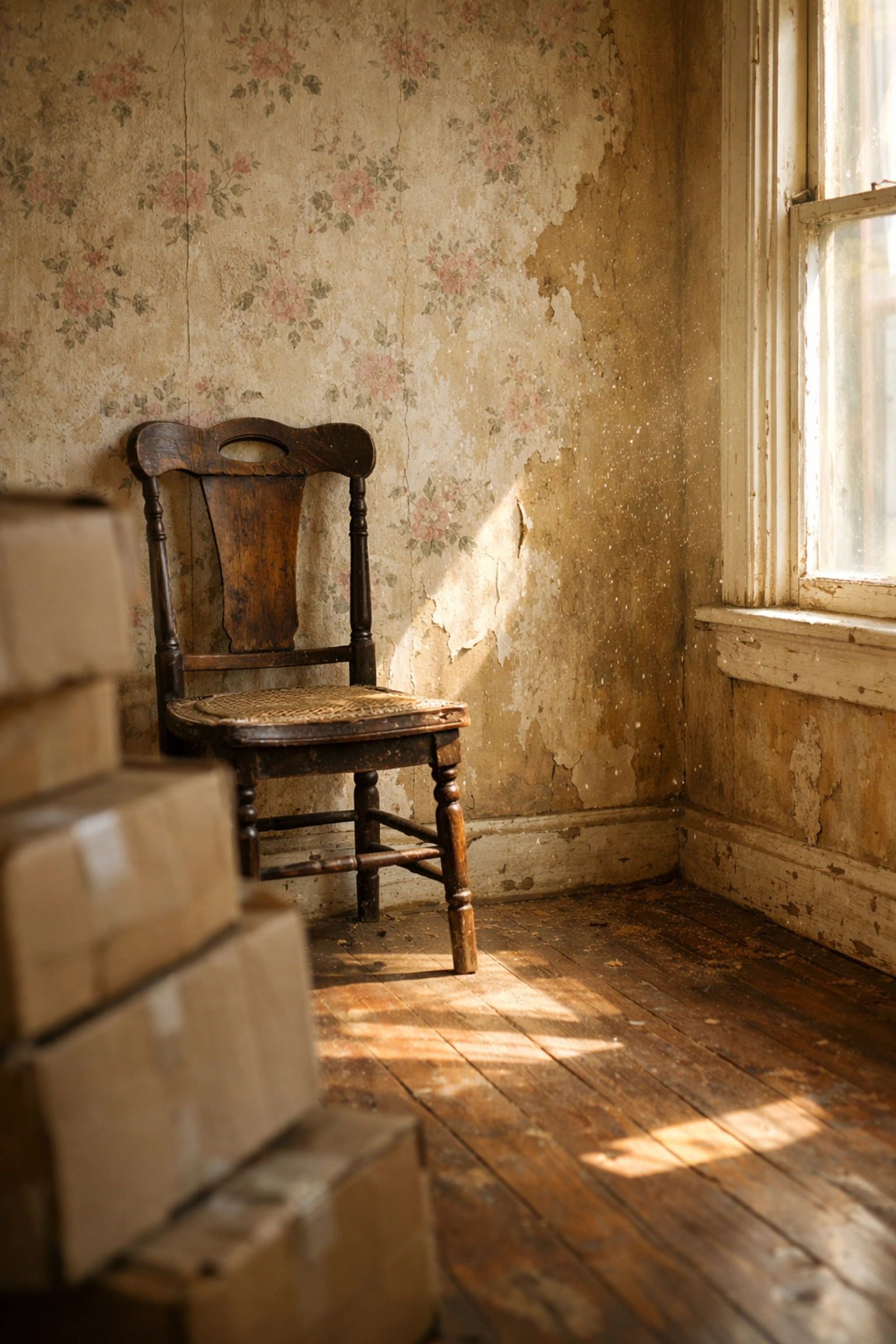 Interior of an older inherited Nashville home with peeling wallpaper, ready to be sold in as-is condition.