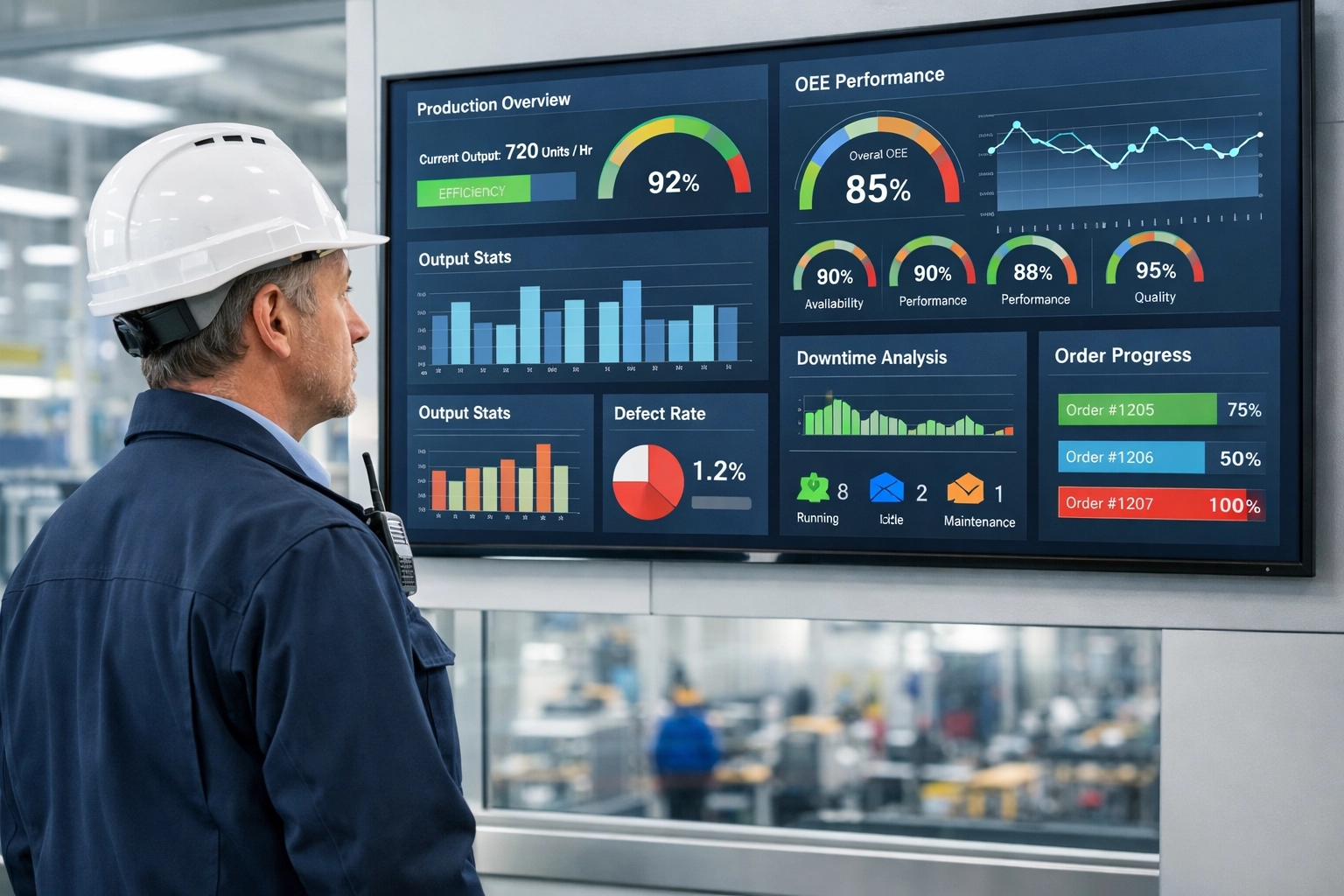 Factory supervisor monitoring production metrics and real-time data on a digital dashboard.