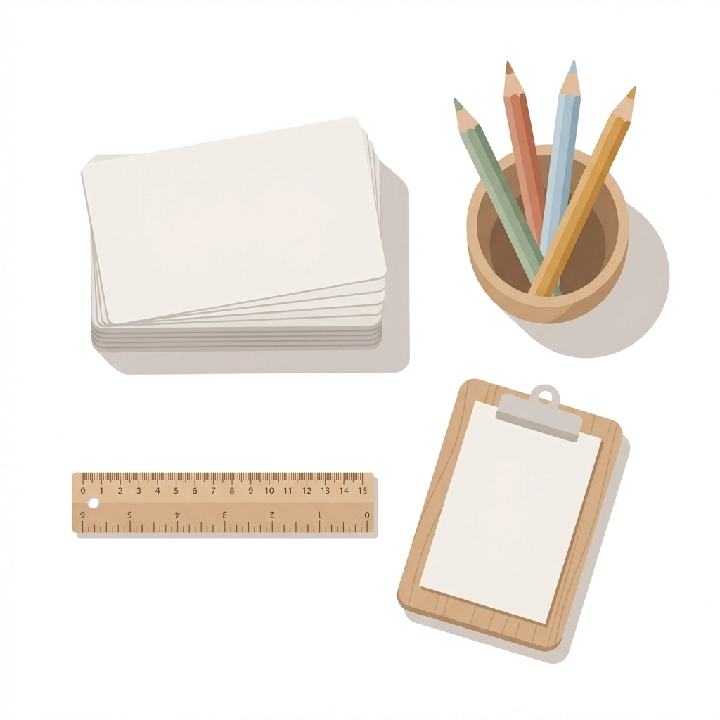 Minimalist craft supplies like index cards and colored pencils for creating DIY creature cards