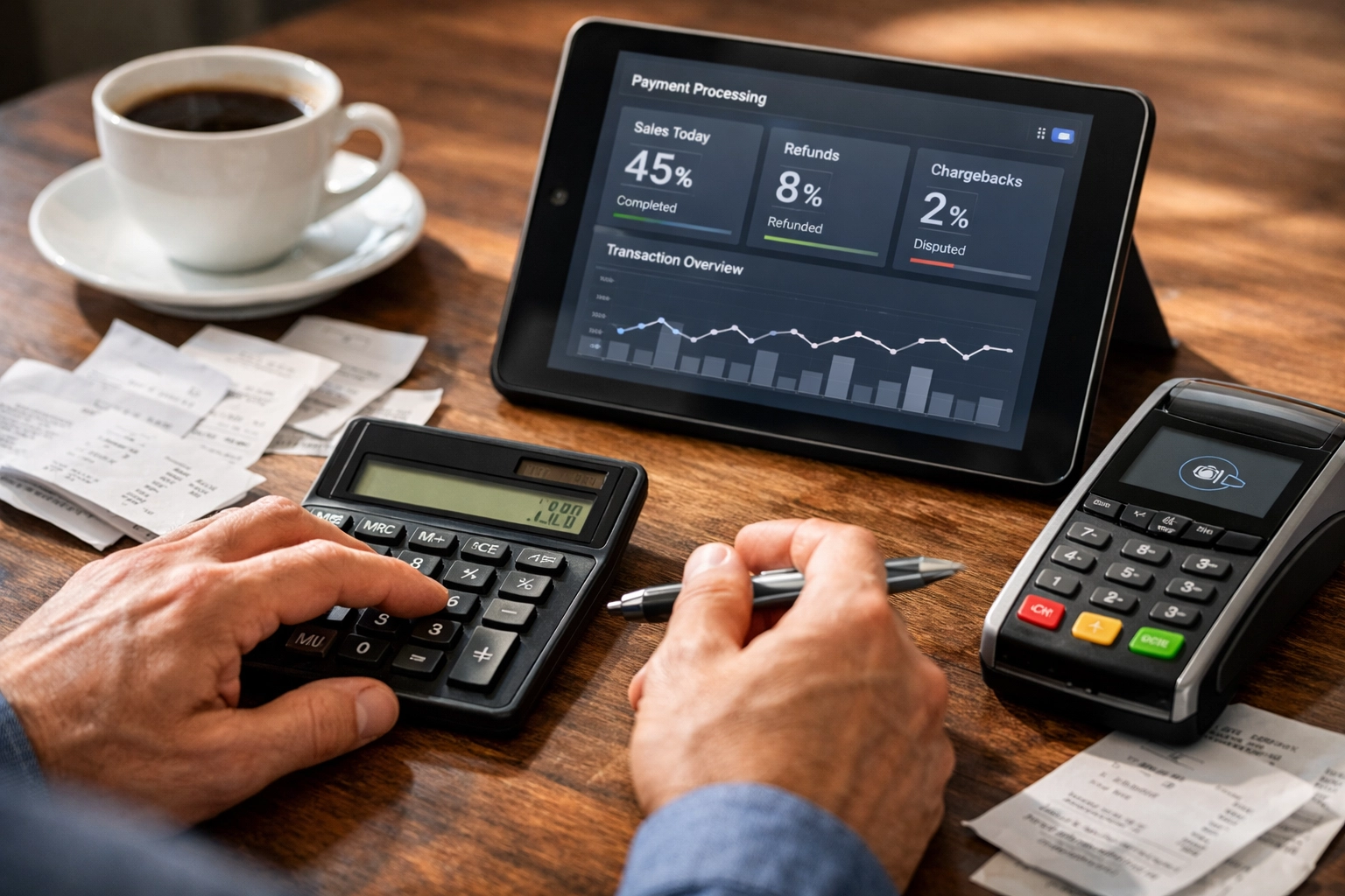 Business owner calculating POS transaction fees with card reader and receipts