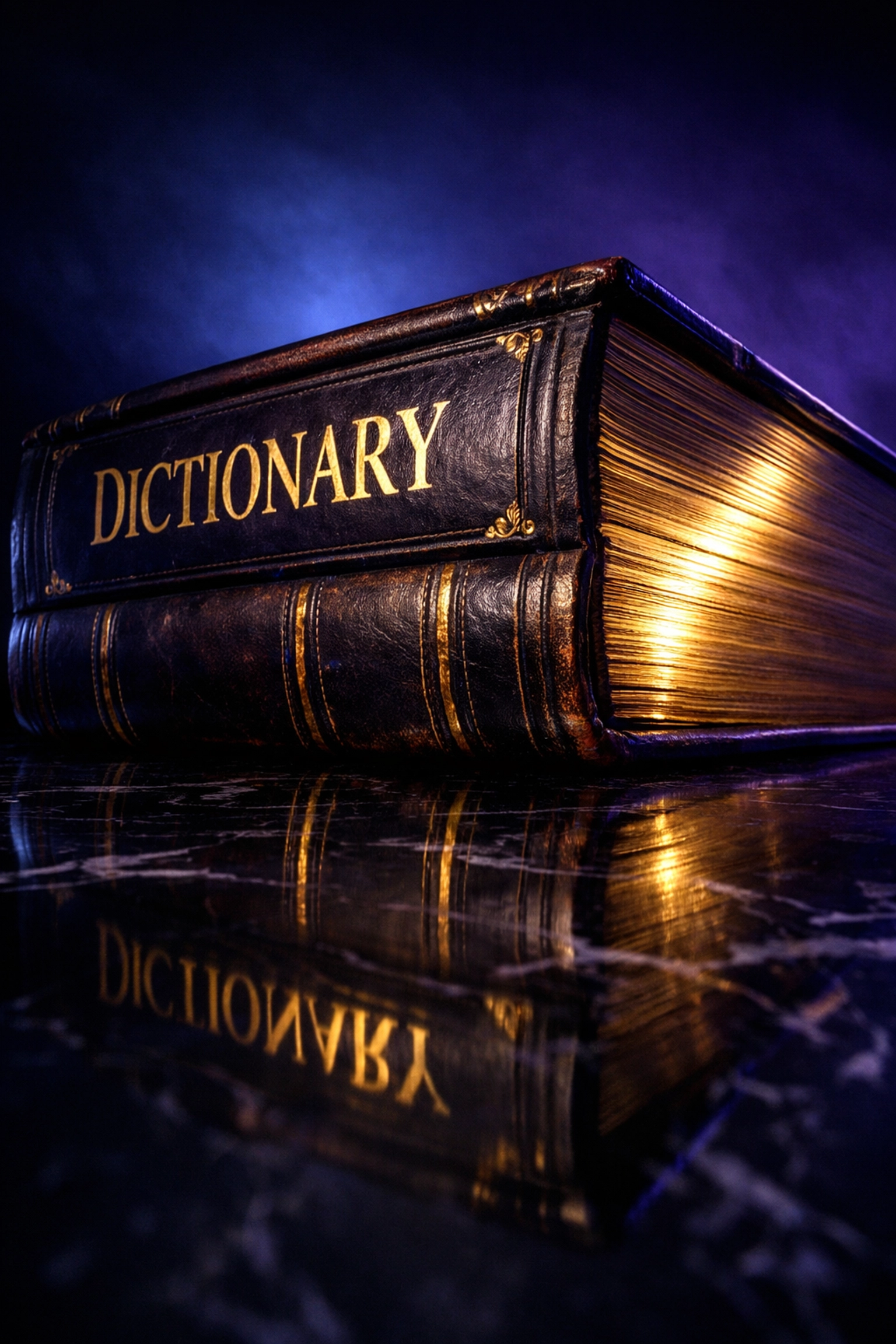 Imposing leather-bound dictionary under dramatic lighting symbolizing the power to define legal terms.