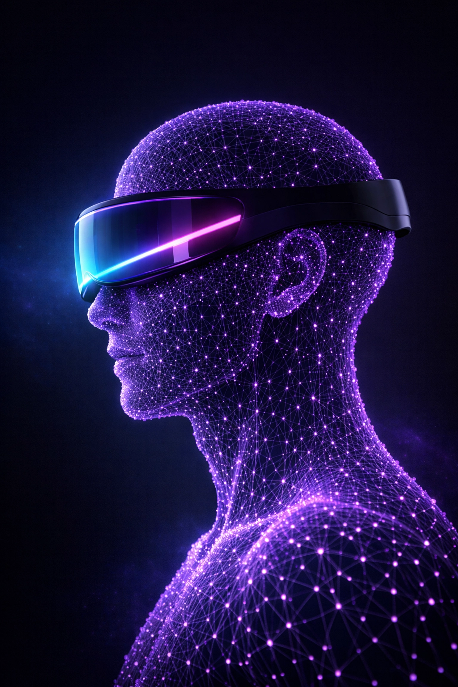 Digital silhouette with a glowing headset representing a 24/7 AI receptionist for business customer support.