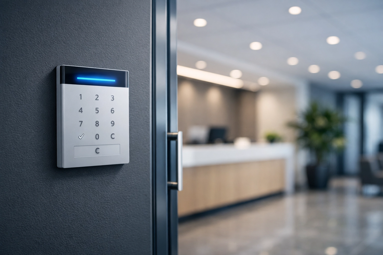Professional commercial intruder alarm keypad installed in a modern Oxford office for business security.