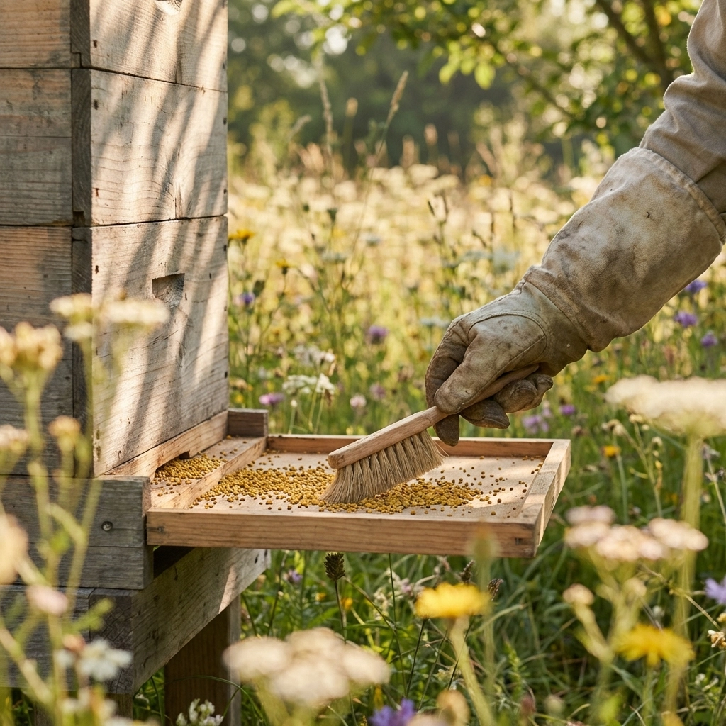 Beekeeper harvesting raw bee pollen at a natural hive in a wildflower meadow