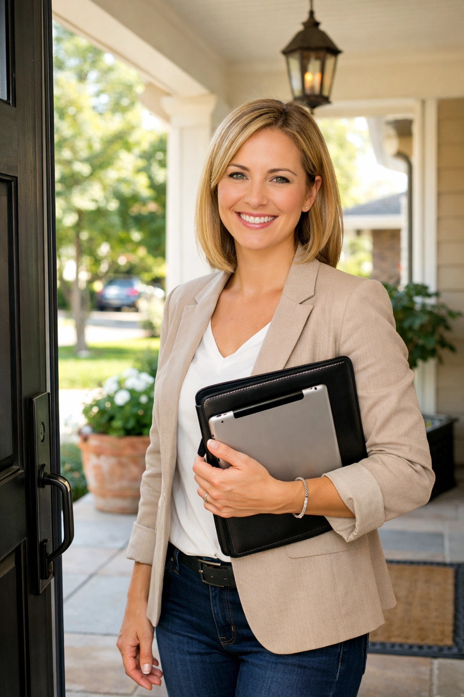 Mobile notary professional arriving at client's home with documents for permit running service