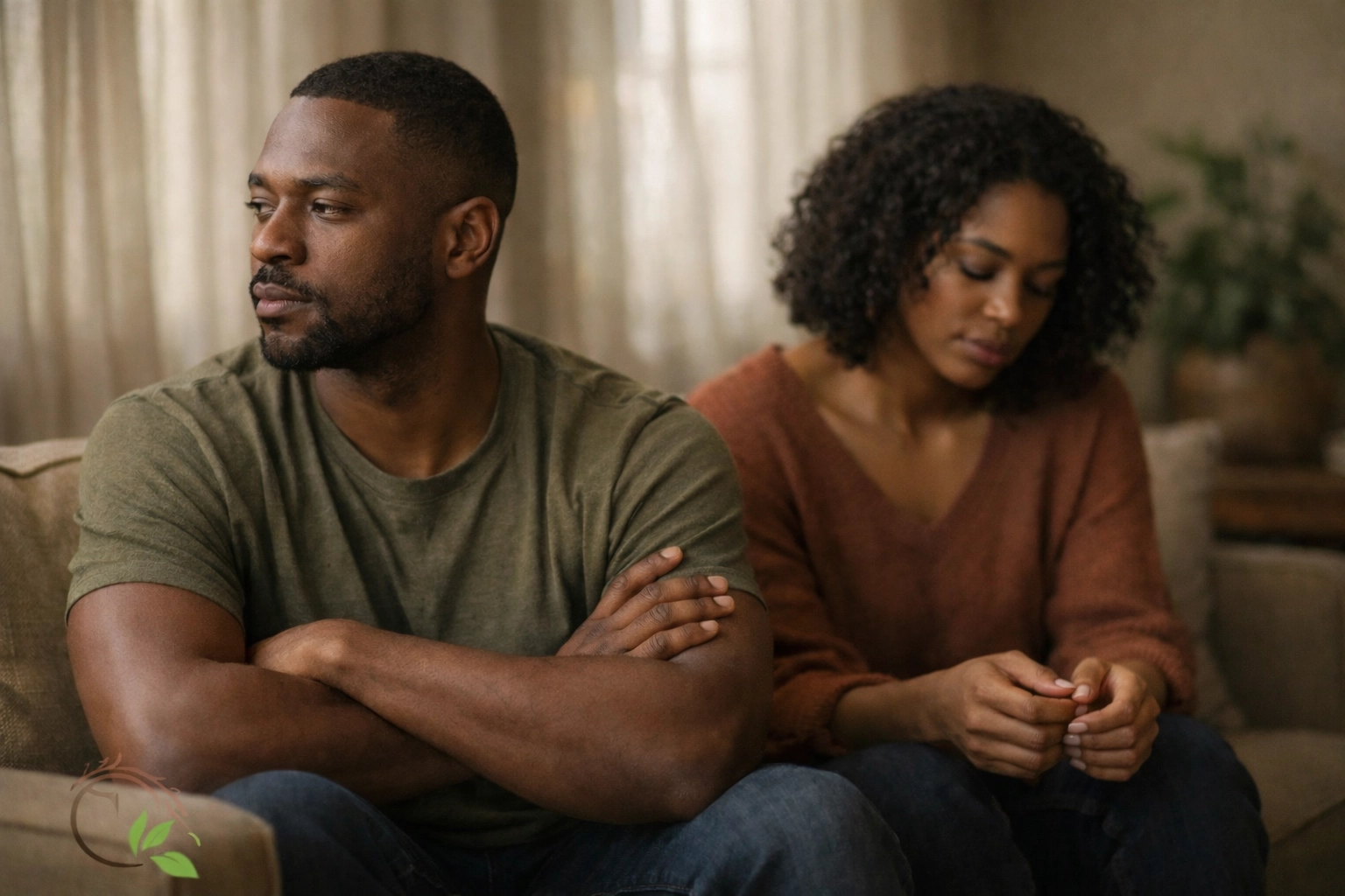 Black couple sitting apart on couch showing emotional distance from relationship trauma