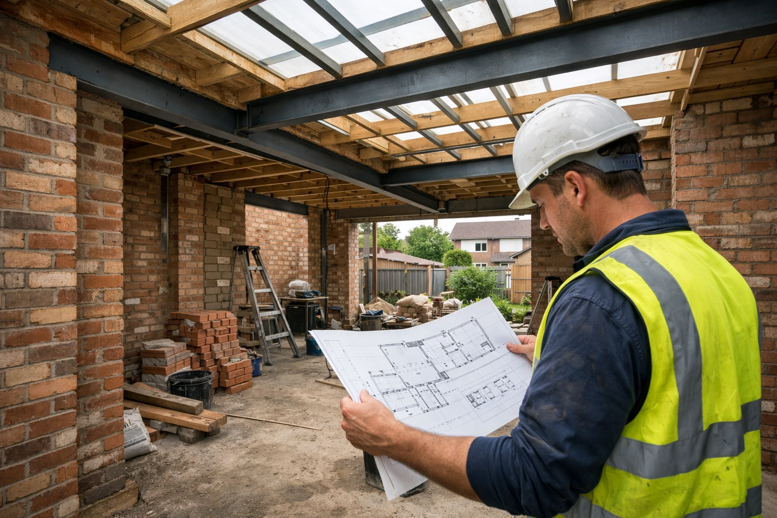 Home extension construction site in Nuneaton with builder reviewing architectural plans
