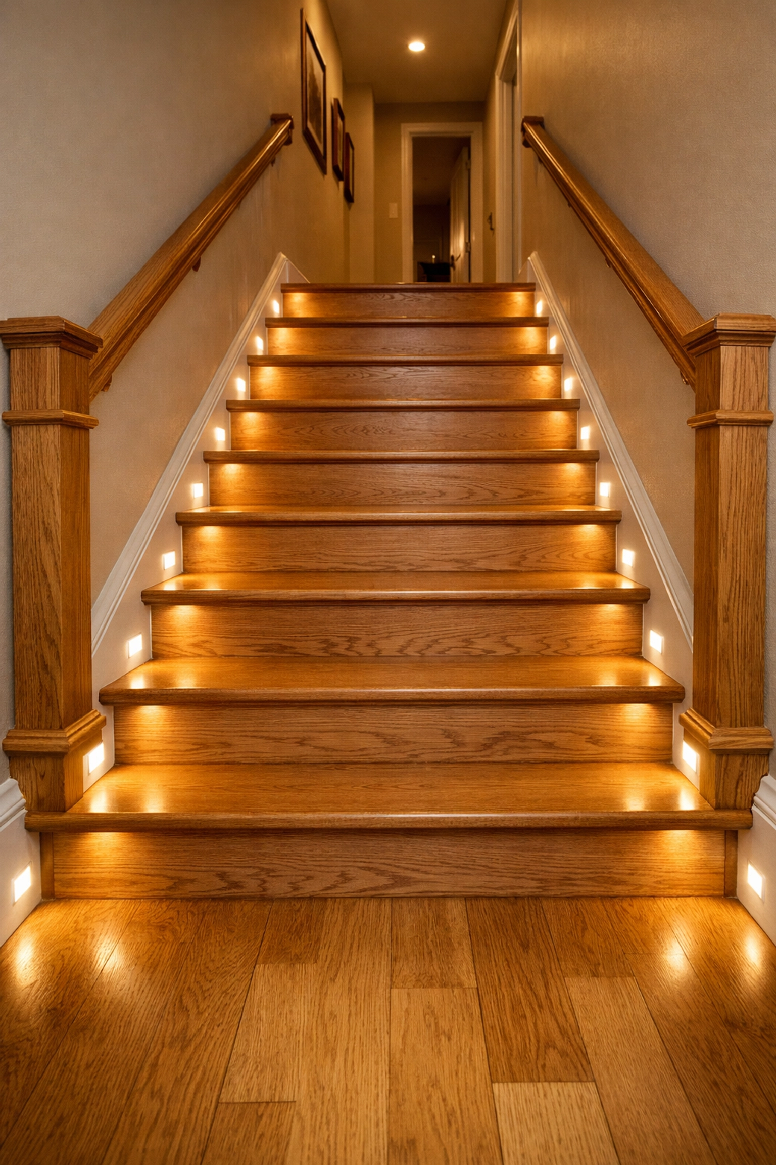 Wooden staircase with bright motion-sensor LED baseboard lighting to prevent falls and improve visibility.