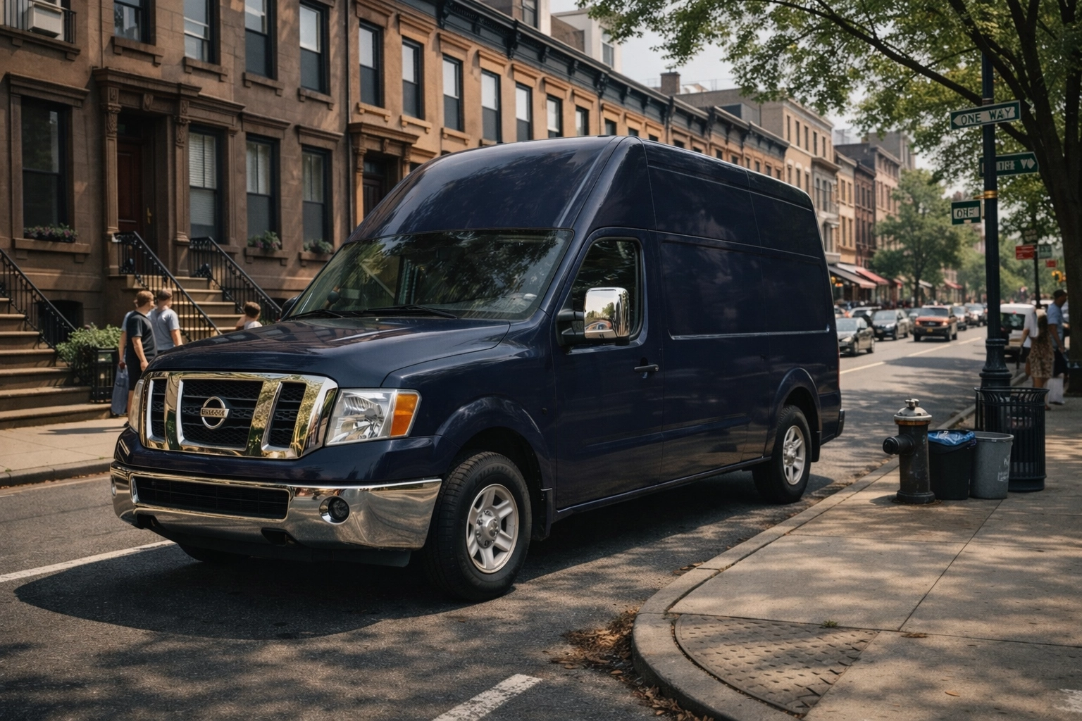 Repaired Collective mobile repair van parked on a sunny, bustling Bed-Stuy Brooklyn street with brownstones and pedestrians