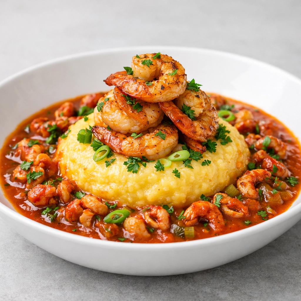 Plated crawfish etouffee served over creamy yellow grits and topped with perfectly sautéed shrimp and parsley.