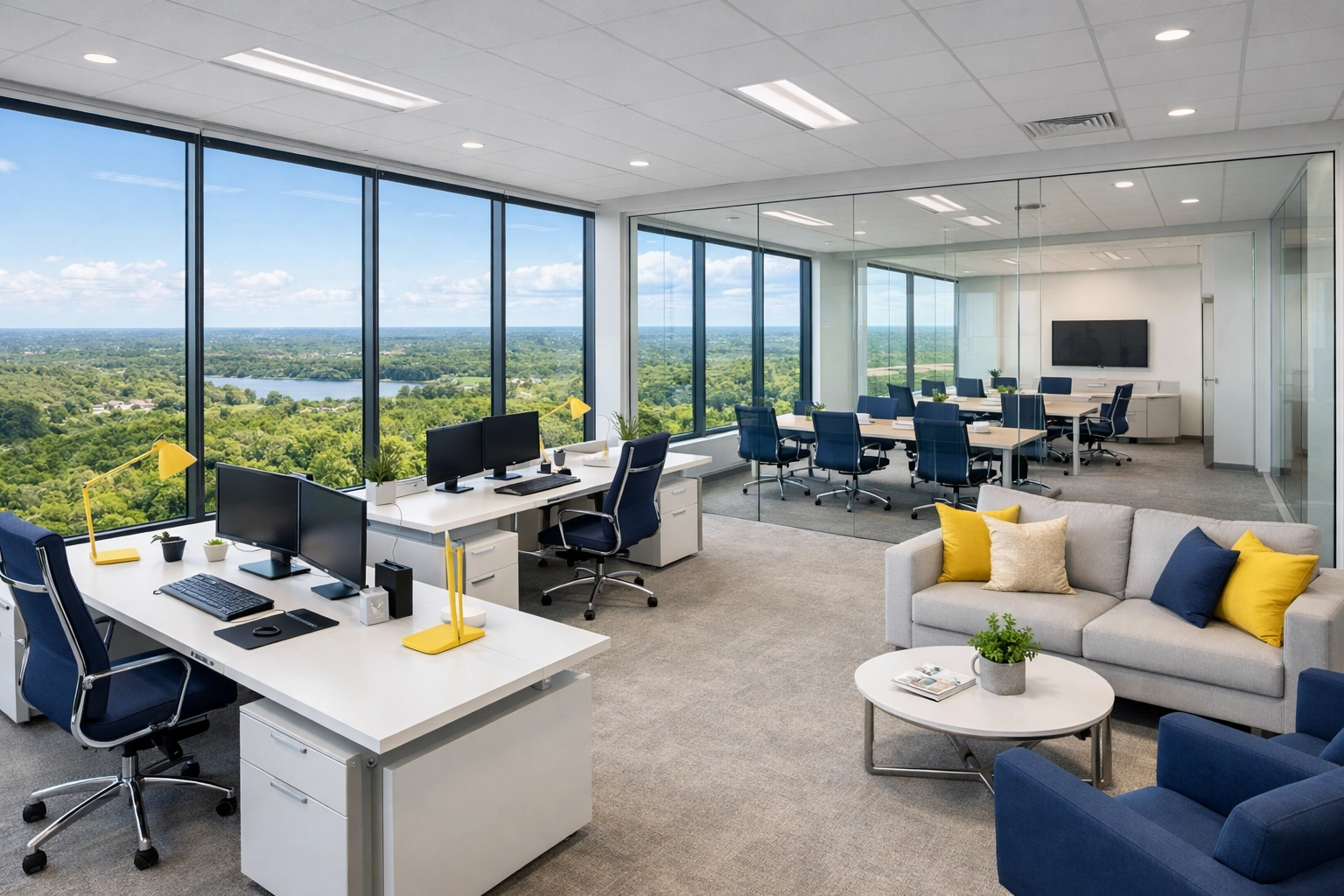 Modern open-concept office suite maintained by expert commercial cleaning in Lincoln for a healthy work environment.