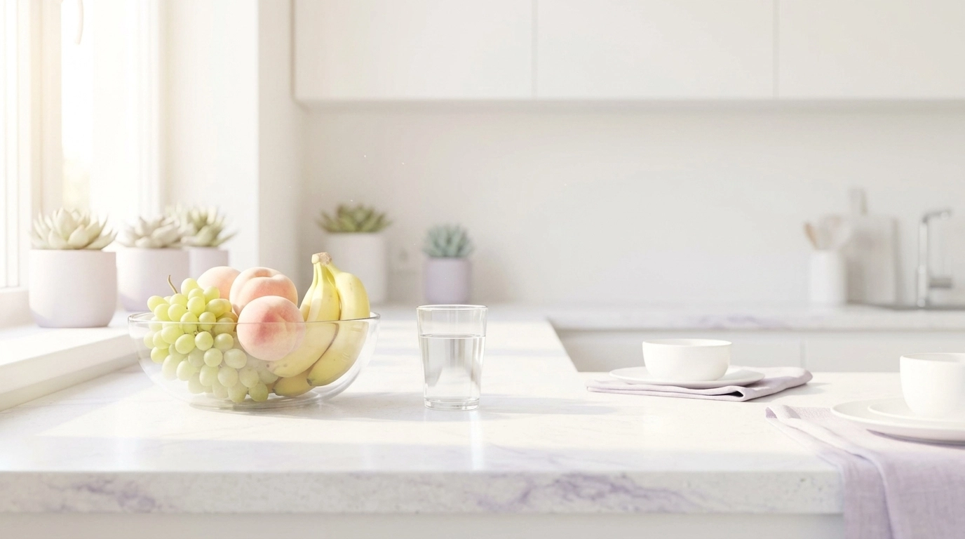 A peaceful, light-filled kitchen scene representing sensory safety and a calm approach to nourishment.