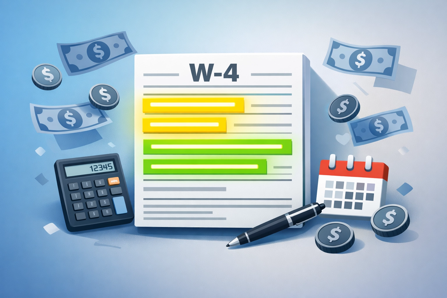 2026 W-4 tax form with highlighted sections and dollar bills showing withholding changes
