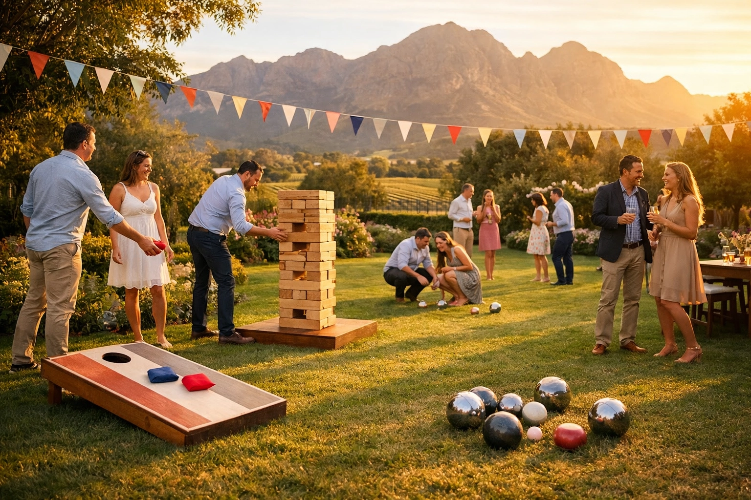 Multiple garden games hire setup at Winelands wedding venue