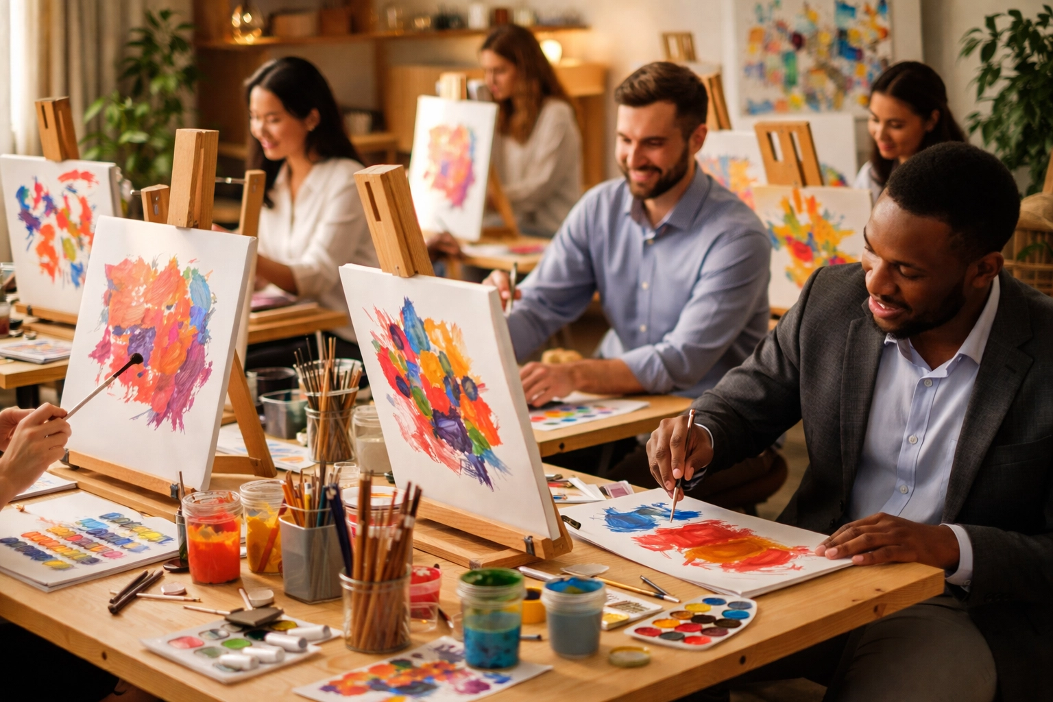 Corporate team painting at individual easels during a creative art workshop, highlighting team building and relaxation.