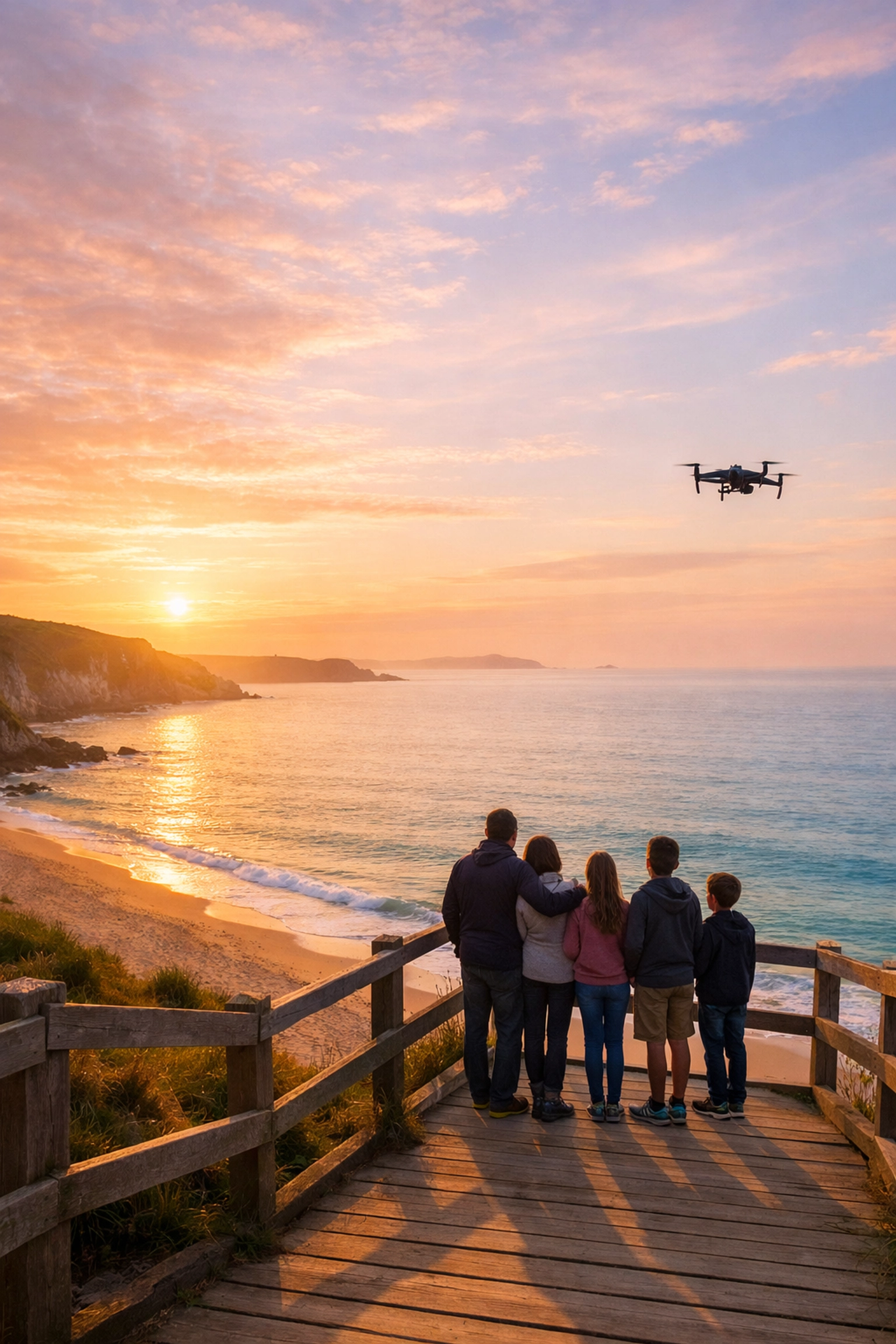 Family overlooking a UK beach at sunrise during a peaceful drone ashes scattering ceremony over the water.