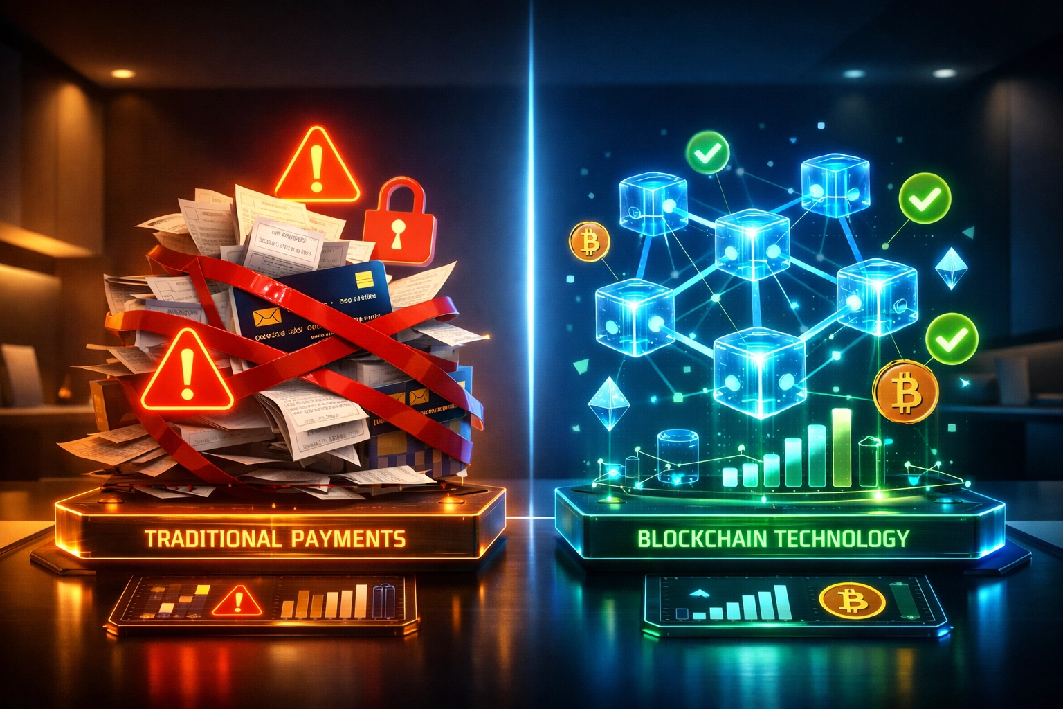 Traditional payment systems vs blockchain technology comparison showing fee differences for merchants