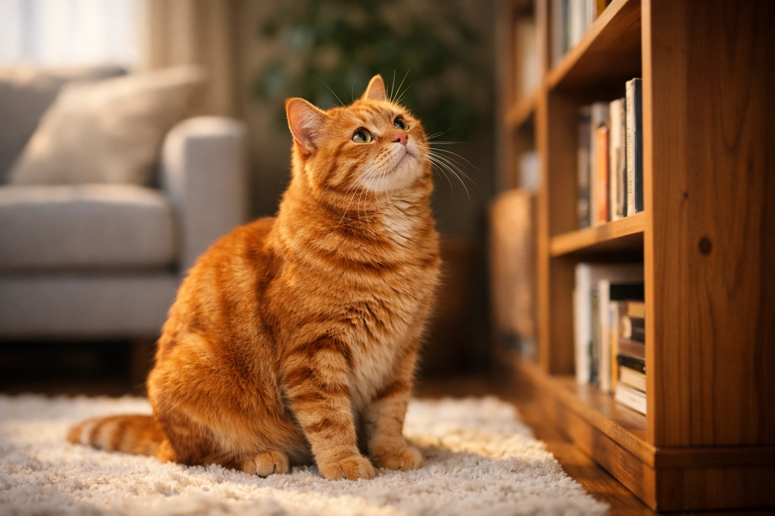 Ginger cat observing a tall shelf, illustrating subtle behavioral changes in early feline heart disease.