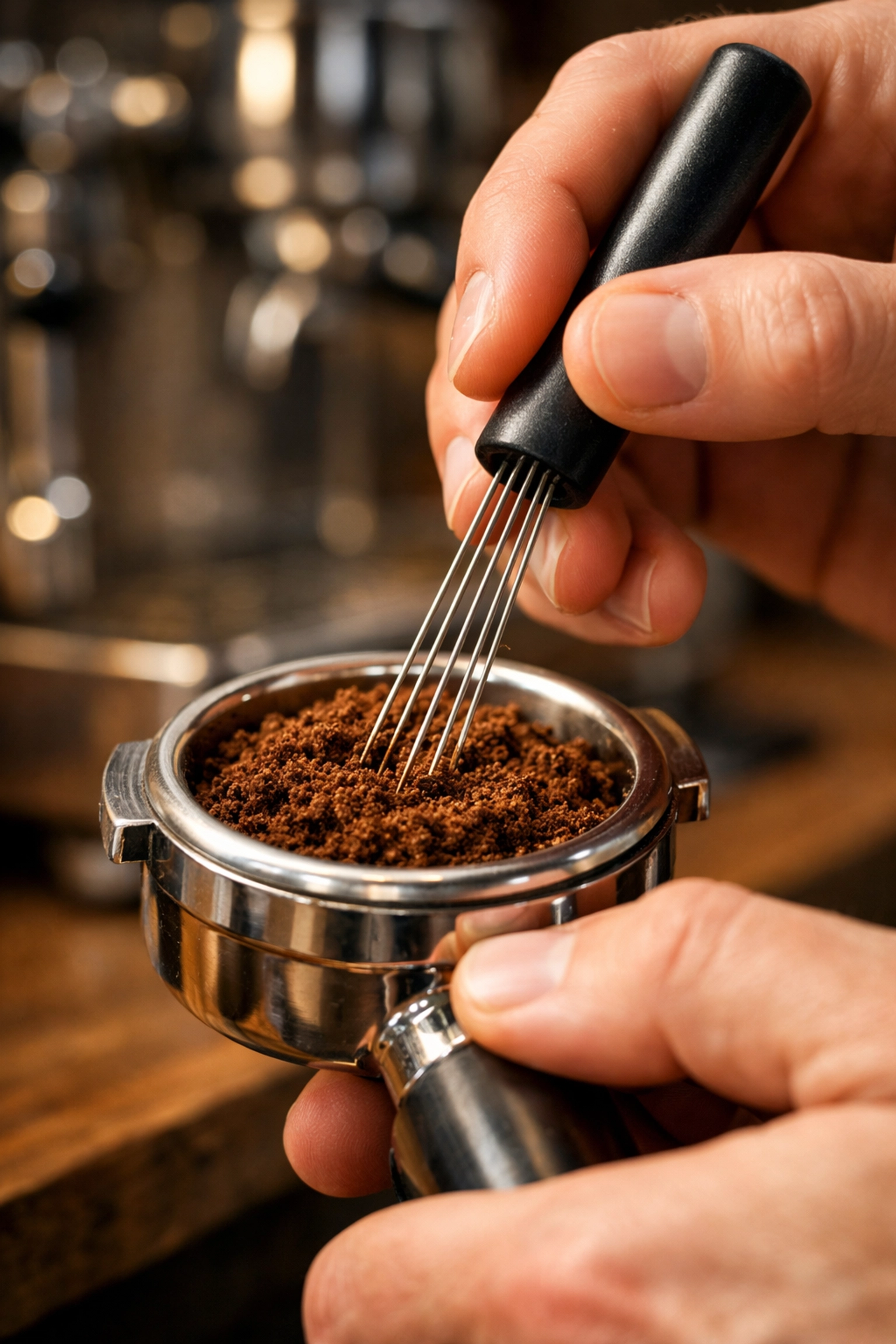 Barista using a WDT distribution tool to stir coffee grounds in a portafilter for better extraction.