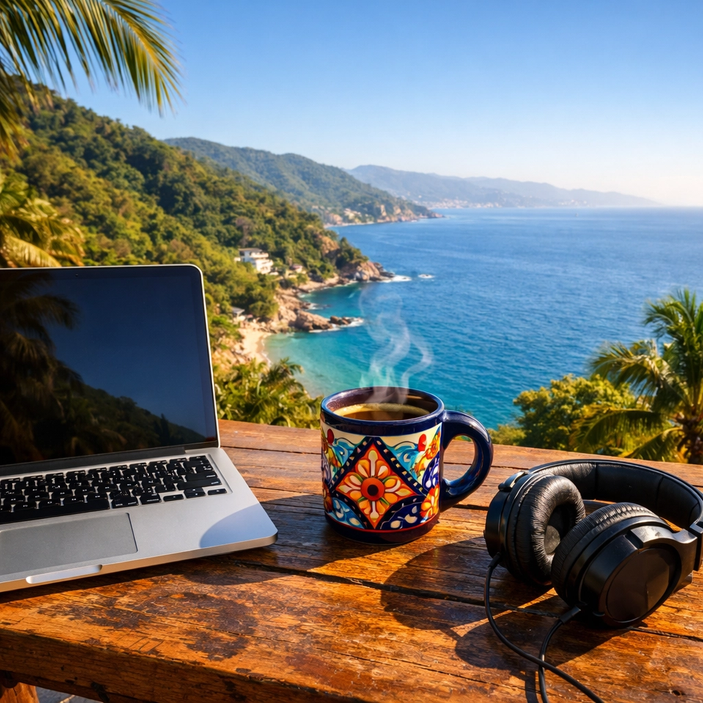 Digital nomad workspace in Amapas, Puerto Vallarta with a laptop and coffee overlooking Banderas Bay.