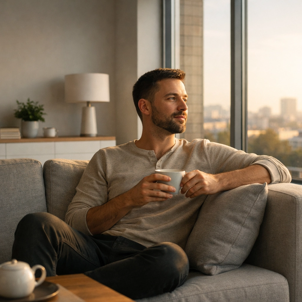 Gay man enjoying peaceful solitude and stability in his minimalist home