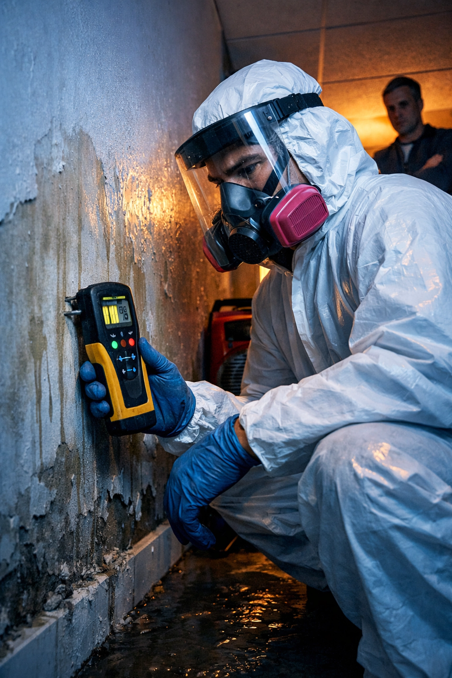 Professional water damage restoration technician using moisture meter on basement wall in Delaware