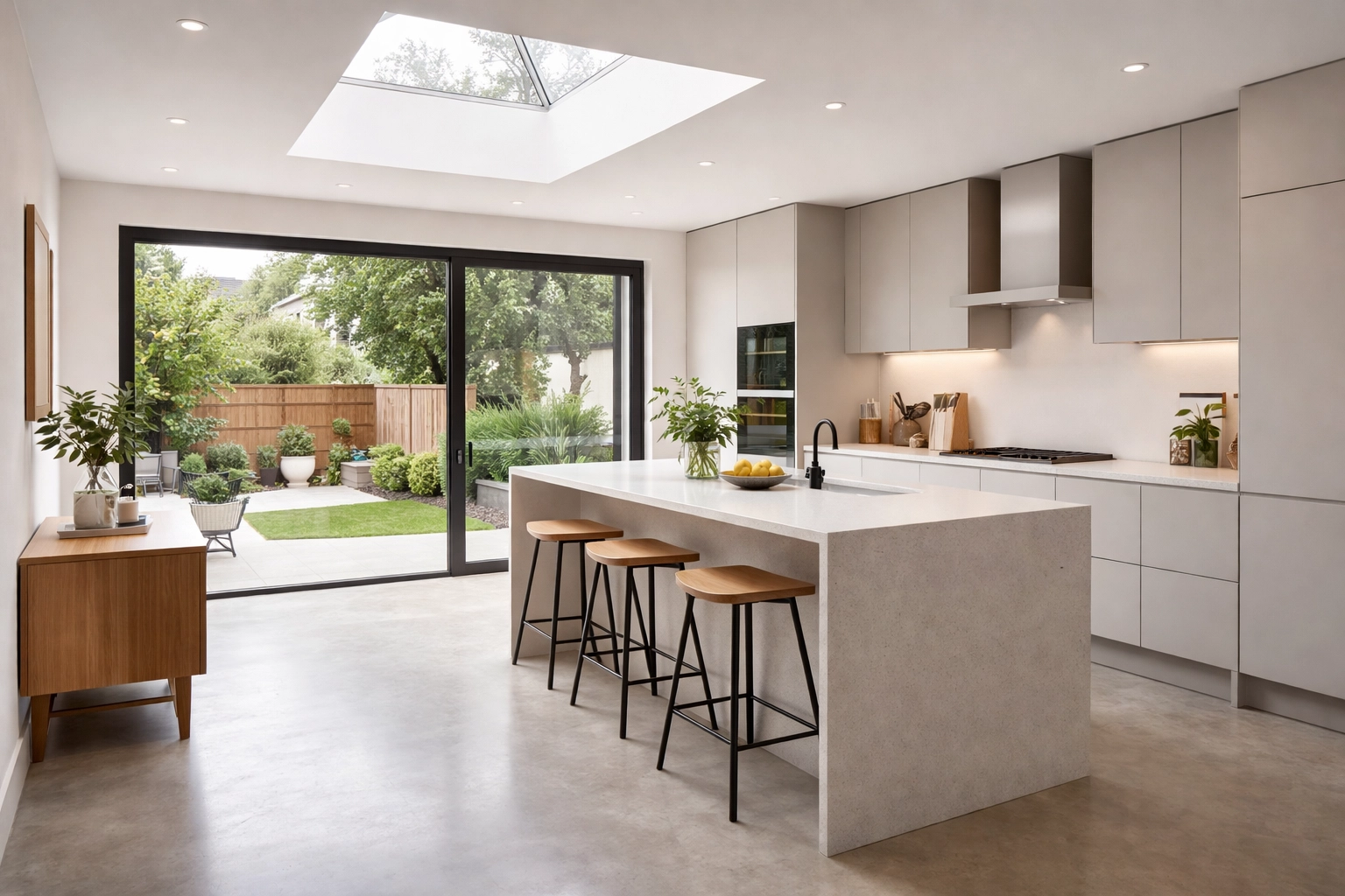 Completed open-plan kitchen extension in East London with roof lantern and sliding doors